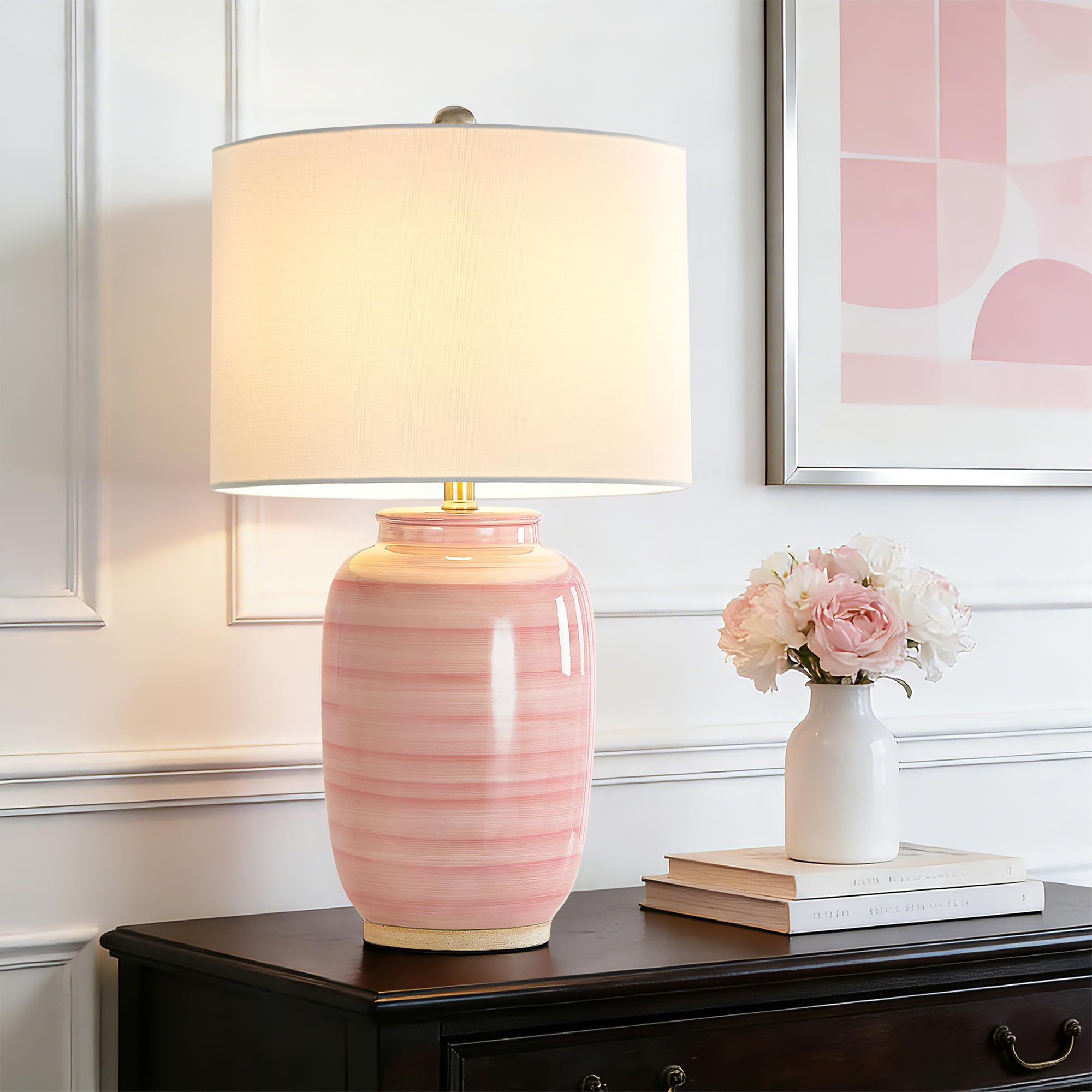 Maxax 25 Pink Ceramic Table Lamp for Living Room  Modern Ceramic Bedside Lamp for Bedroom  End Table Lamp with White Farice for Nightstand Office Entryway