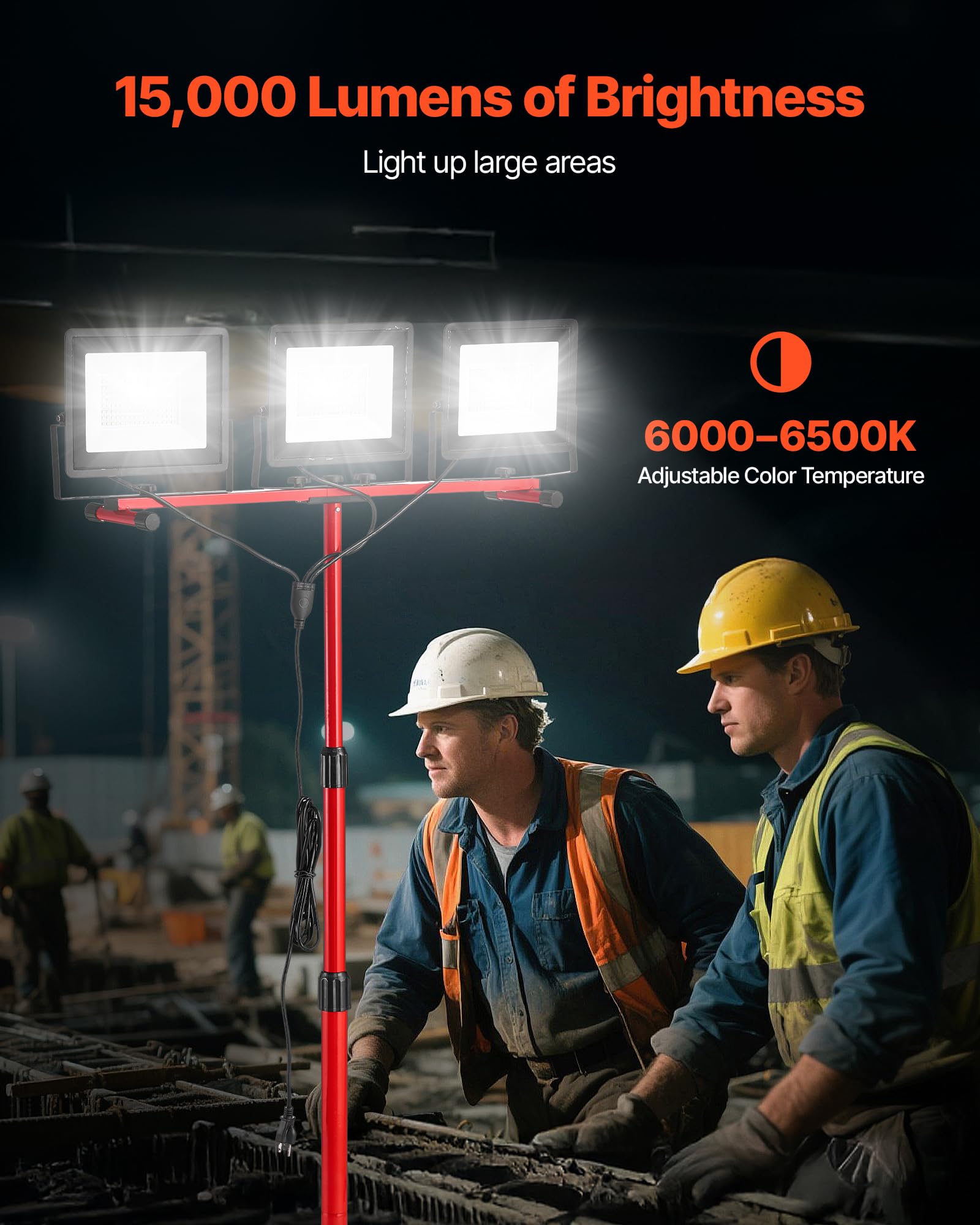 VEVOR LED Work Light with Stand, 15000 Lumens, Three-Head Portable Camping Light with Individual Switch, Tripod Stand, 10.83 ft