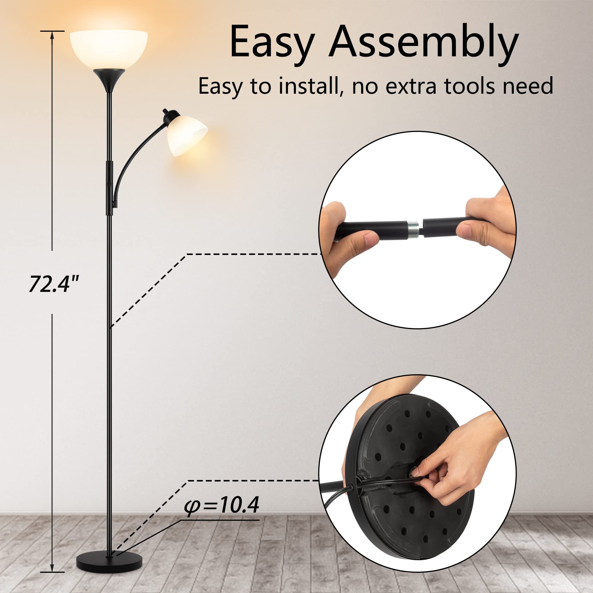 Floor Lamp, Dimmable Standing Lamp, Stepless Dimming Brightness, Included 9W And 5W Led Bulbs, Industrial Floor Lamp For Living Room, Bedroom, Office, Reading