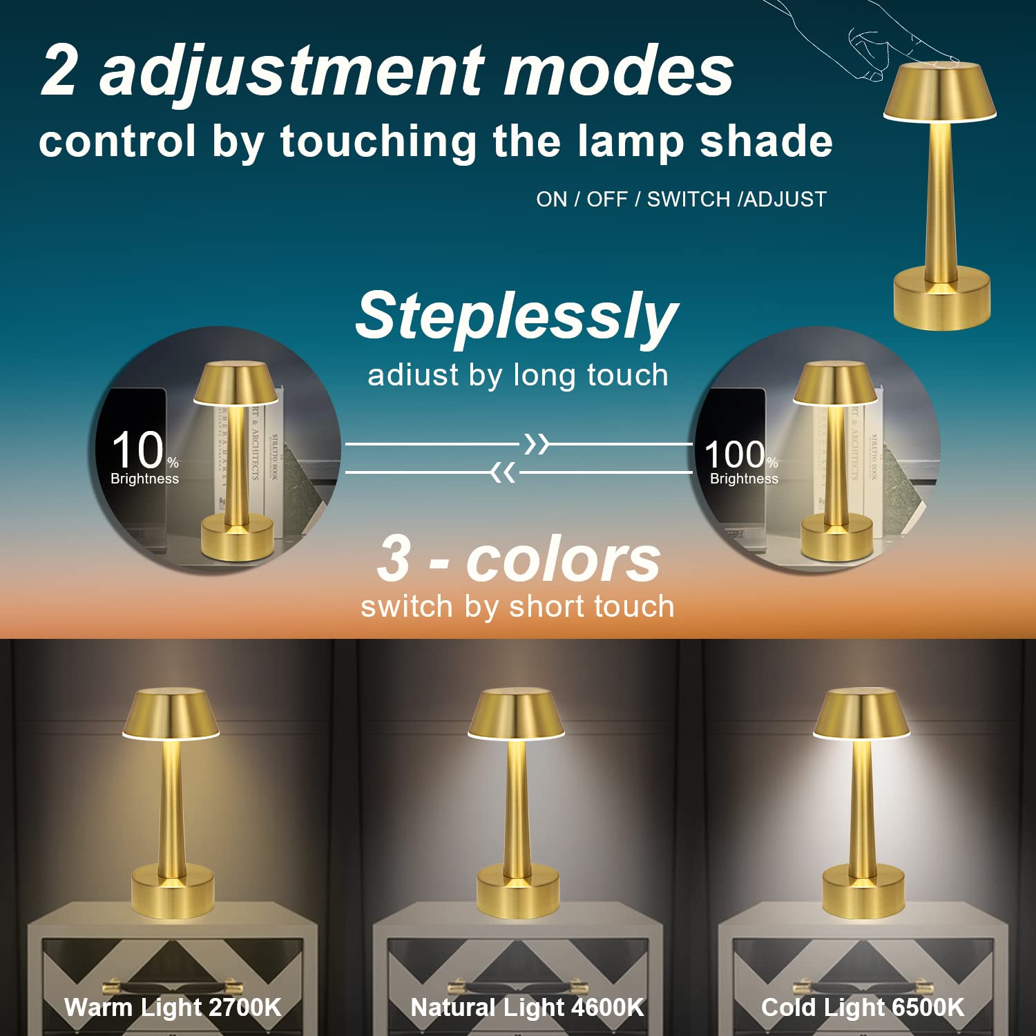 Egobasic Gold Cordless Small Table Lamp, Rechargeable & Dimmable, Portable Metal Light For Dining & Outdoor