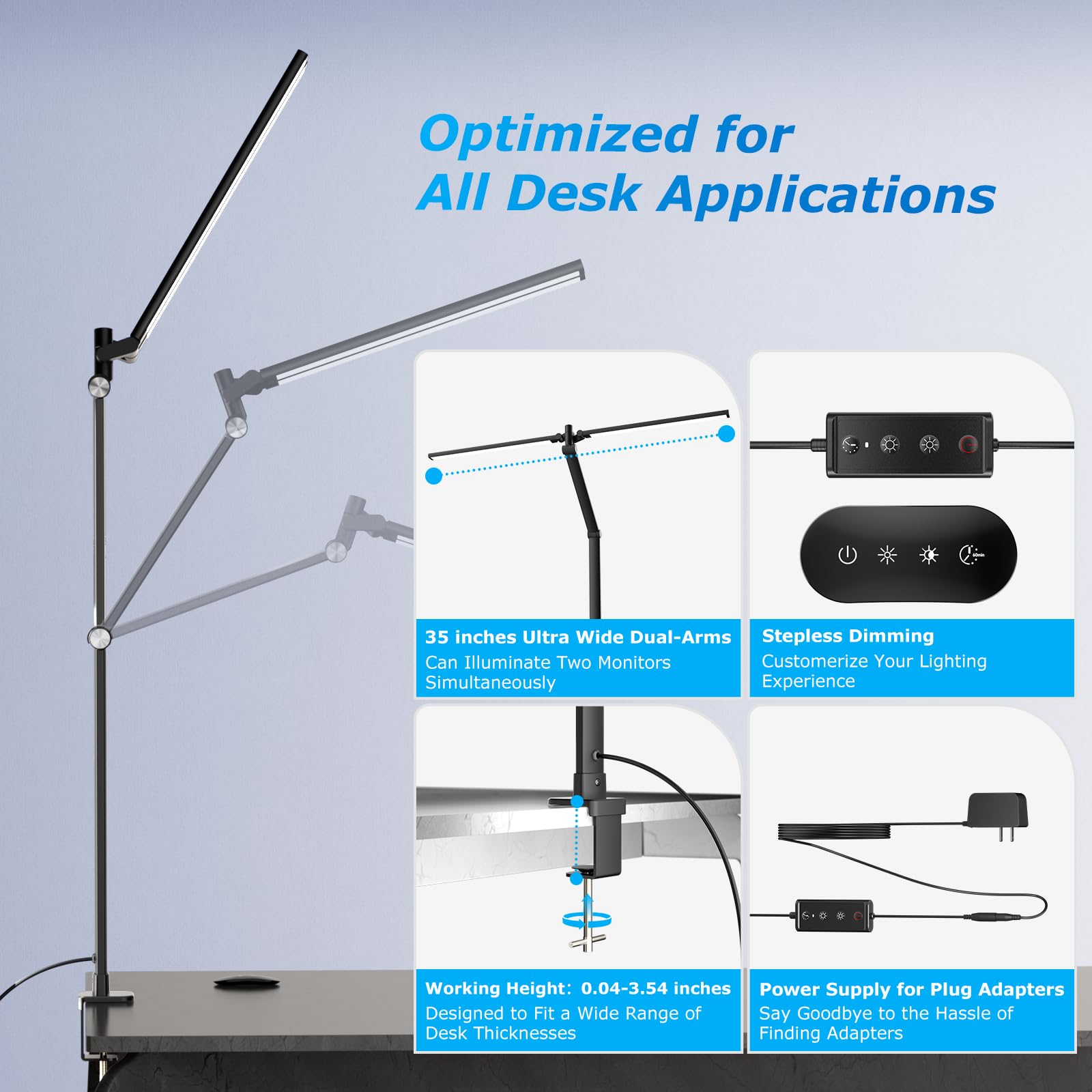 Jelimov Led Desk Lamp For Home Office, Eye Caring Architect Desk Light With Remote, Dual Screen Computer Monitor Light With Step