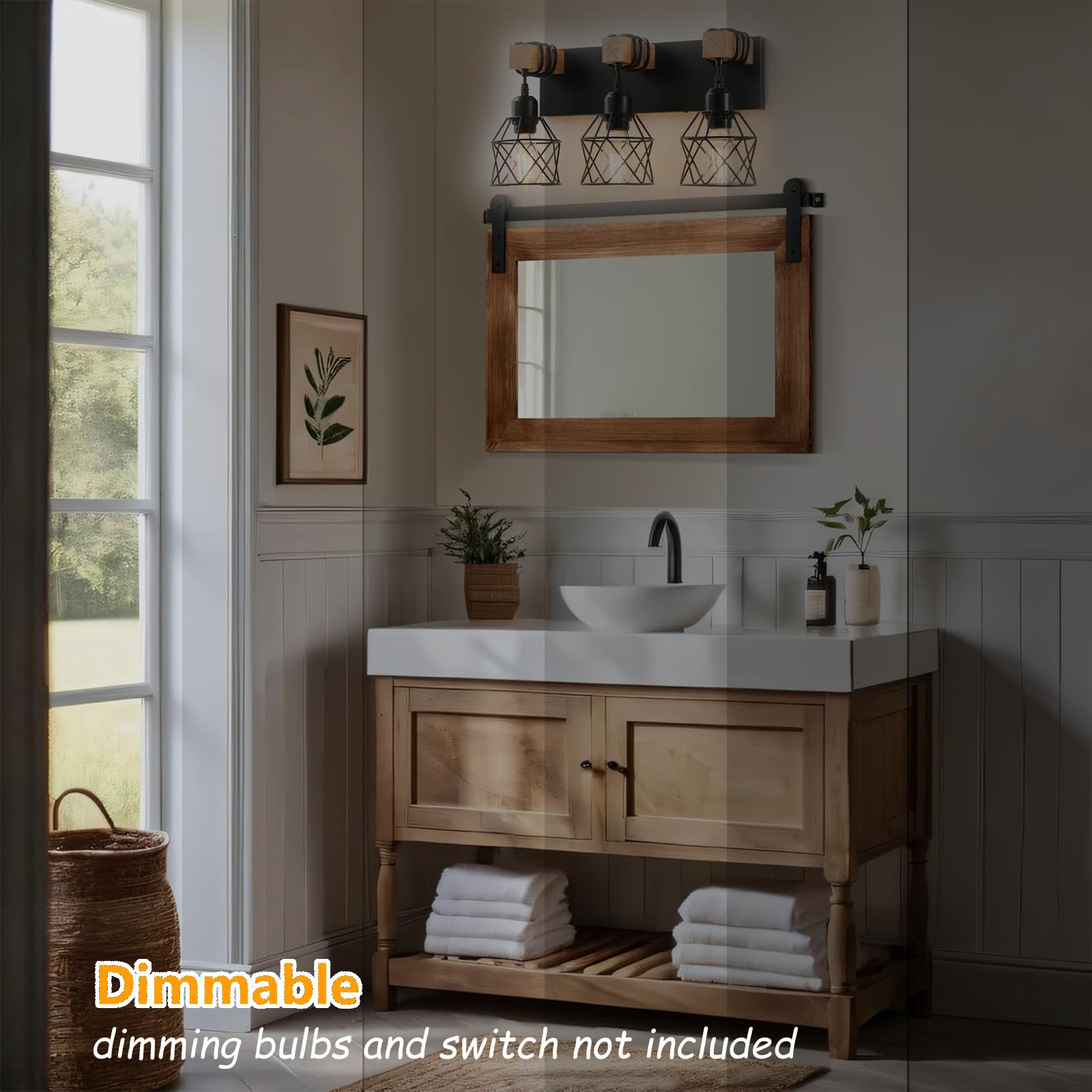 Farmhouse Vanity Light Fixture 3-Light Bathroom Lighting Black Industrial Wood Wall Light Over Mirror With Metal Shade Bulbs Not Included
