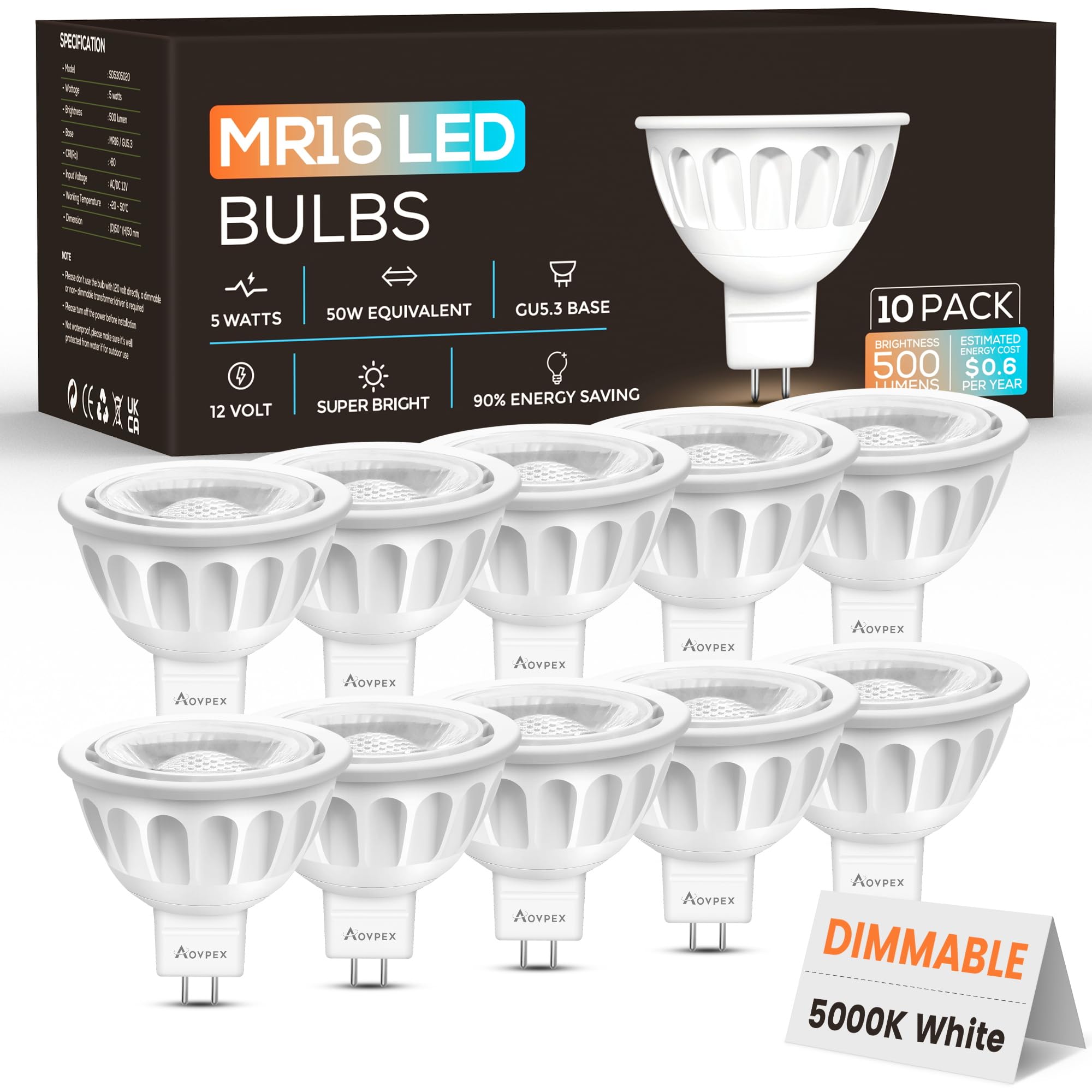 Aovpex 10 Pack Dimmable Mr16 Led Bulbs, 12V 5W(50-Watt Equivalent), 5000K Daylight White, Gu5.3 Bi-Pin Base, 40-Degree, Indoor/O