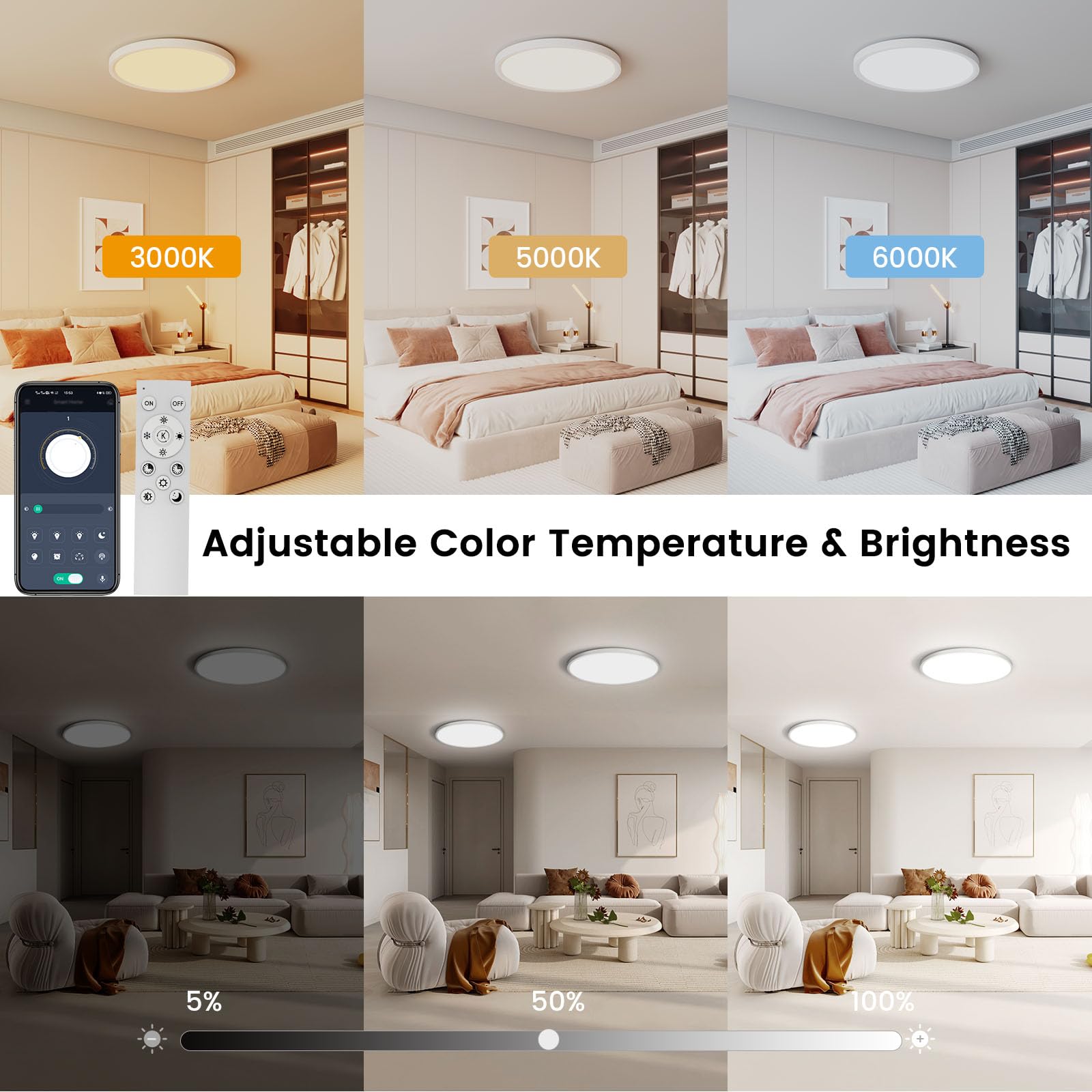 4Pack Flush Mount Ceiling Light With Nightlight 12In , 24W 2400Lm Dimmable Led Ceiling Lights With Remote & App Control, 2700K-6