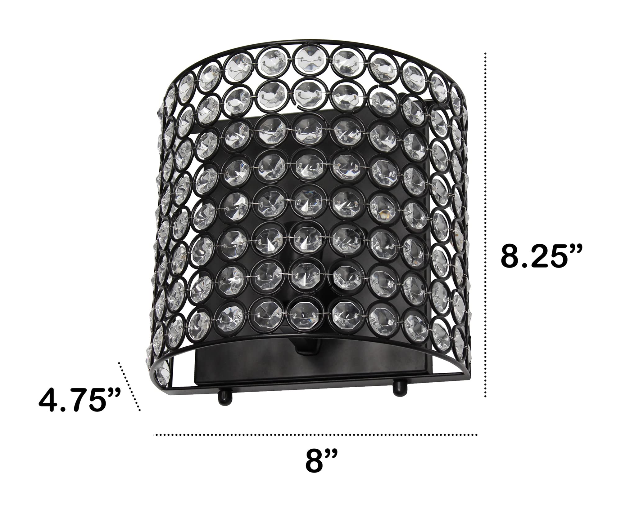LALIA HOME Wall Sconce Lighting Fixture, 1-Light, Crystal & Metal, 8in x 4.75in x 8.25in, Black, Model LHW-2000 Family