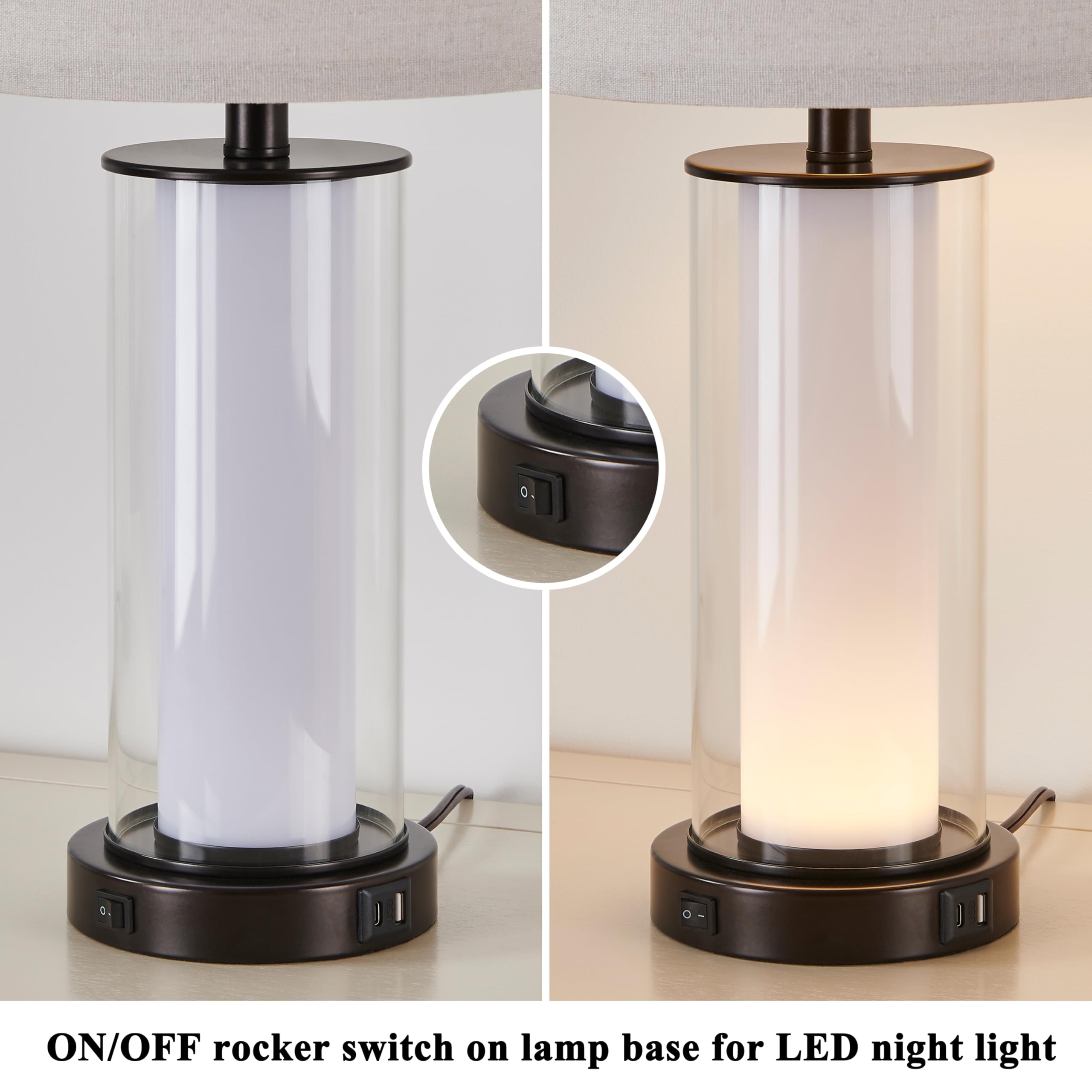 Kyrid Modern Glass Table Lamp Set with Night Light, USB Ports, 23.25" Height, Black, Model HK21321 (2 Bulbs Included)