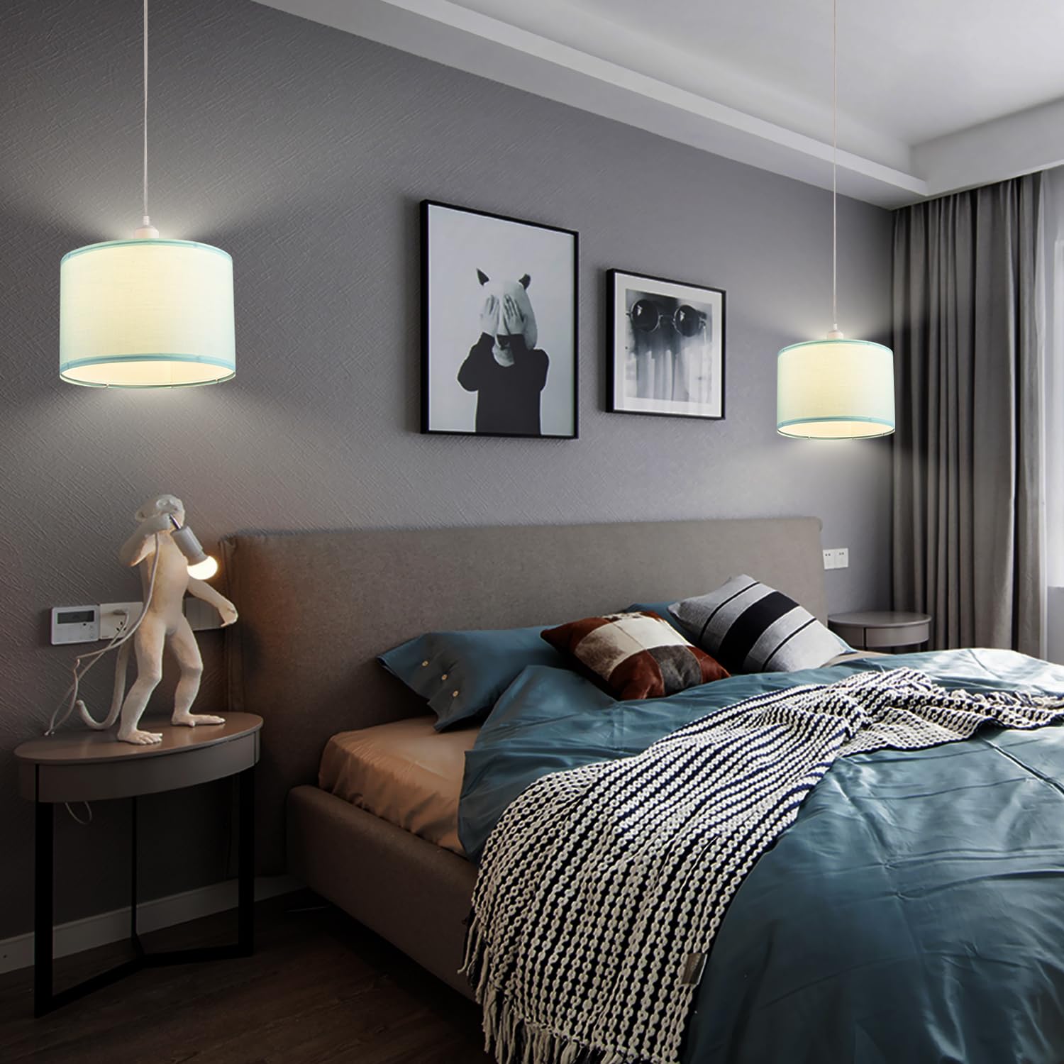 Ihengyanlt 2 Pack Plug In Pendant Light, Hanging Light With 15Ft Clear Cord, On/Off Switch, Blue Fabric Lamp Shade, Hanging Ligh