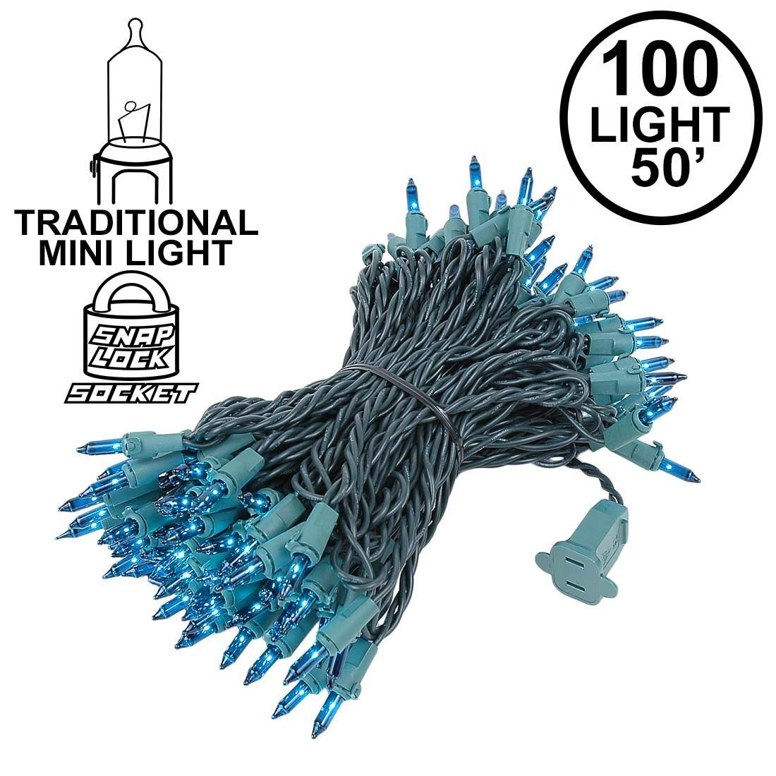 Novelty Lights 100 Light Teal Mini String Light Set, Green Wire, 50 Long, Indoor/Outdoor, Model MRD-25B-4