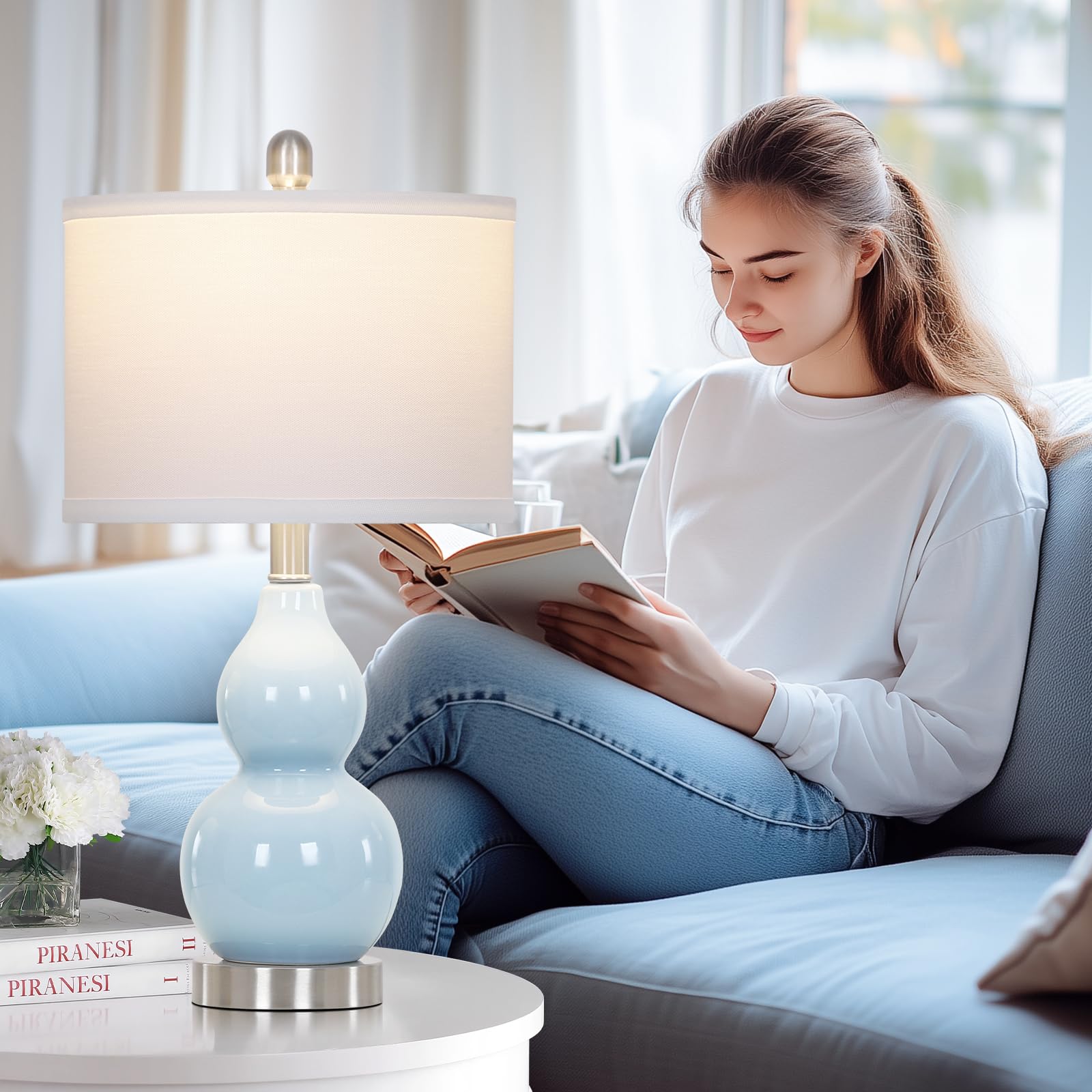 Rinweey Double Gourd Ceramic Table Lamps Set Of 2, Modern Blue Bedside Lamps For Night Stand, Contemporary Nightstand Lamps For