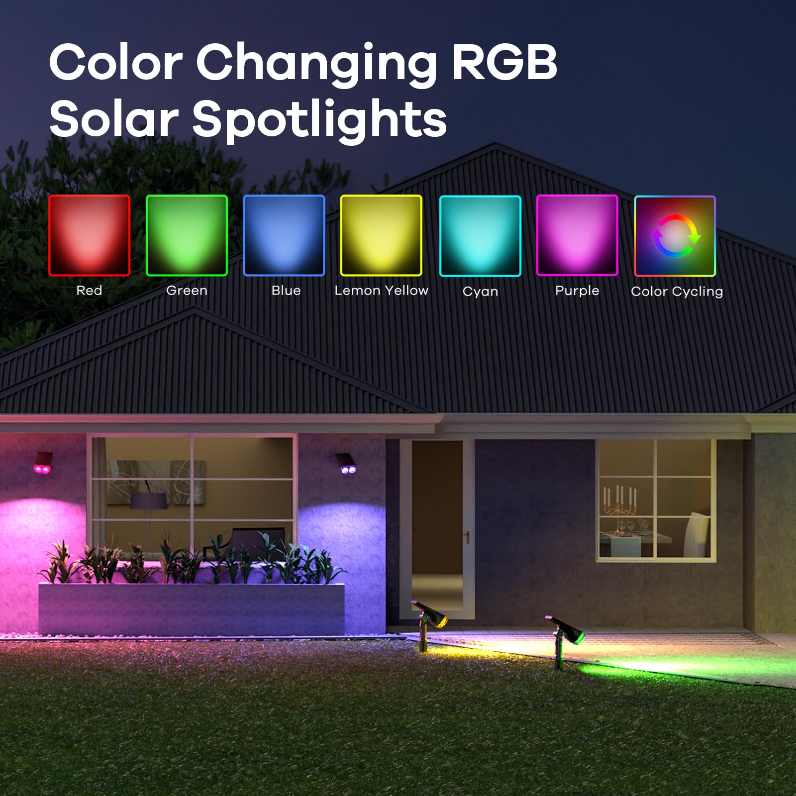 Consciot Solar Color Changing Spotlights, 7 Modes, Ip67 Waterproof, 2 Pack For Outdoor Decor