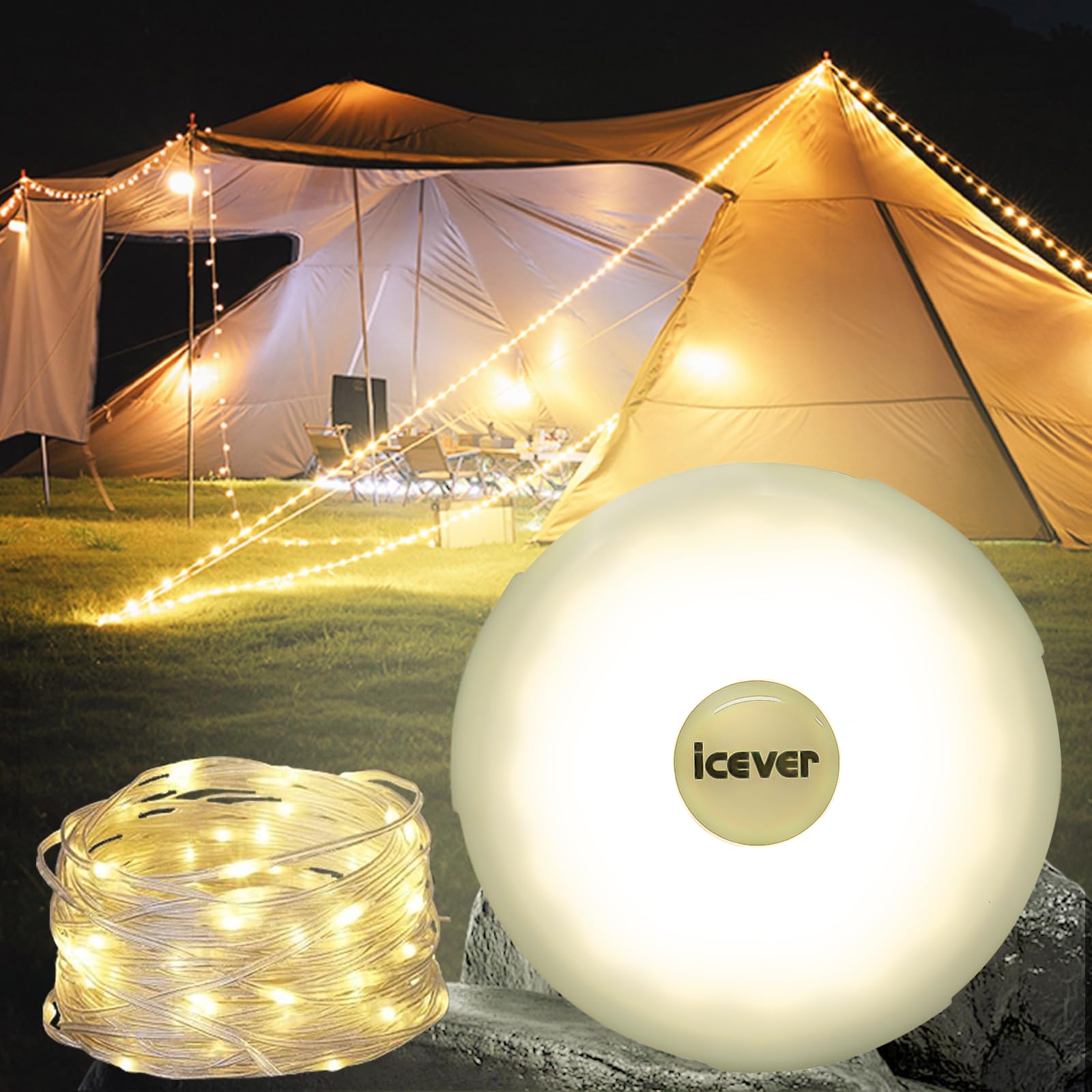 icever Camping String Lights, 32.8FT Rechargeable Waterproof Hanging Lamp Portable LED Light for Outdoor Camping Awning Tent Gar