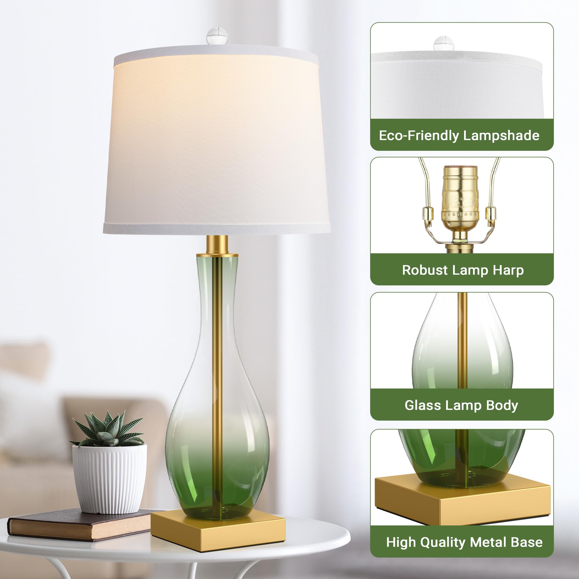 WIHTU 3-Way Dimmable Glass Table Lamp Set of 2, 27" Green Touch Control with USB Charging Ports, Model STR-DL-0172, LED Bulbs Included