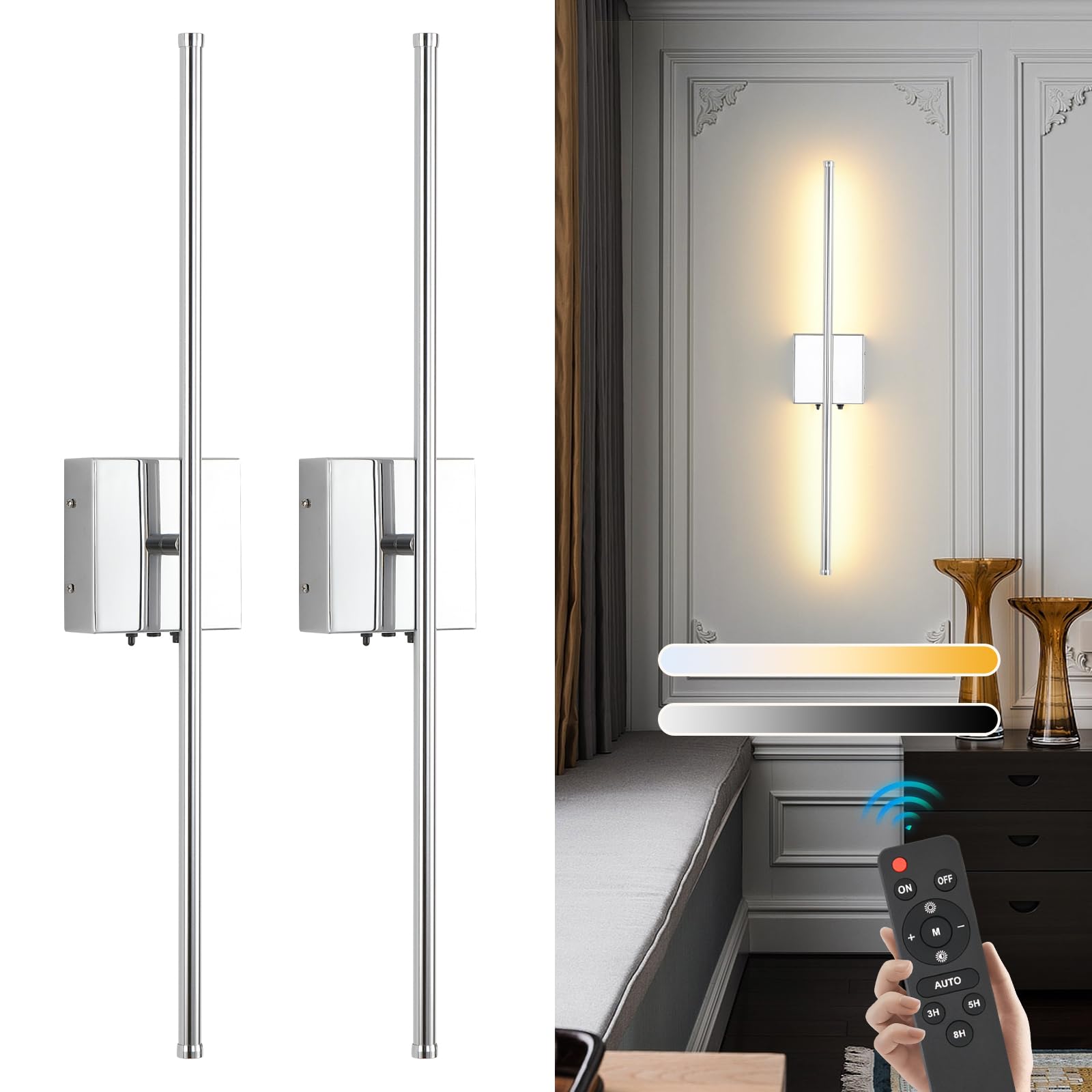 Chrome Wireless LED Battery Operated Wall Sconces, 11000mAh Rechargeable Wall Lights with Remote Control, 350Rotate Dimmable Wal