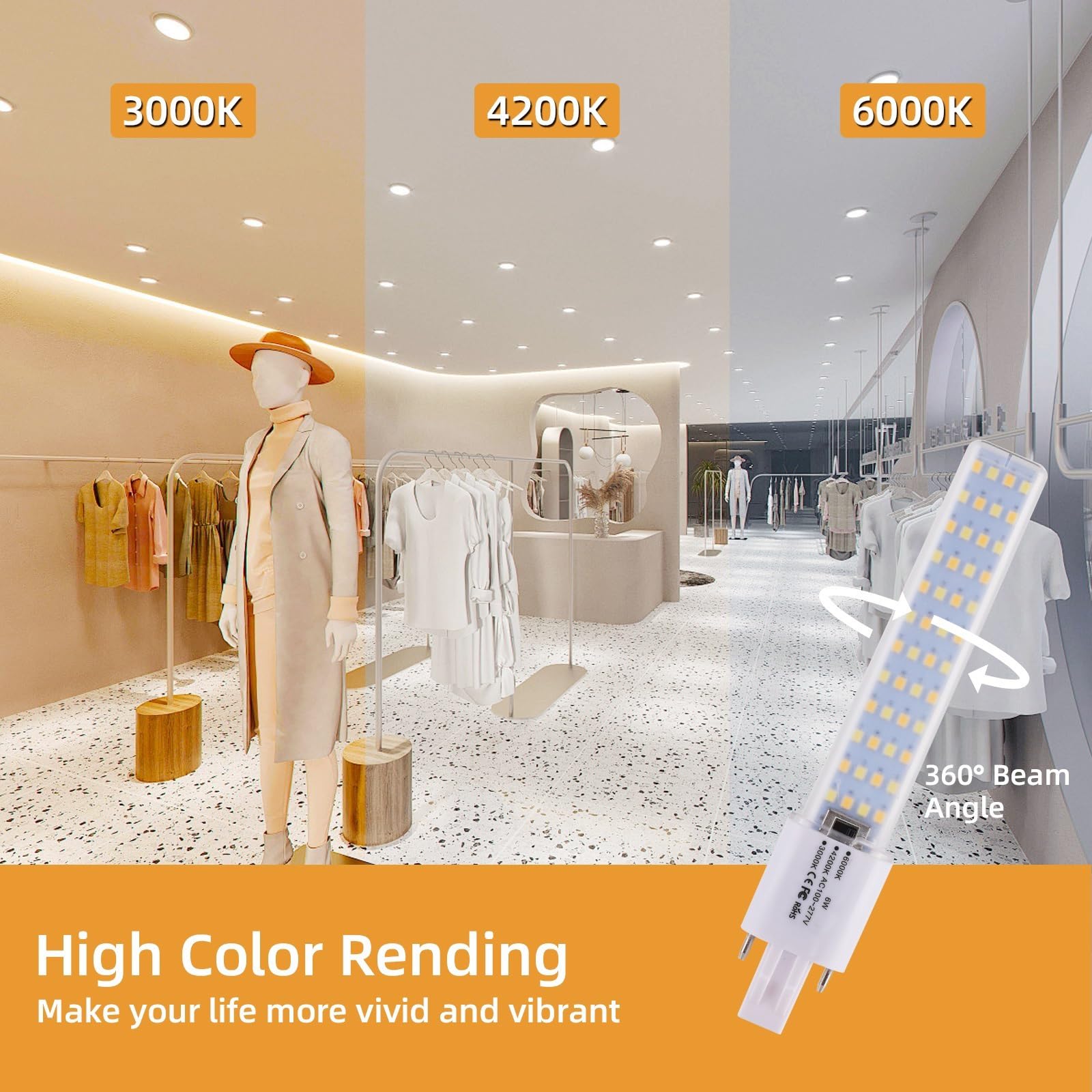 Lidesheng Gx23 Led Light Bulb 6W Replacement 13W Cfl Led Stick Pl Bulb Gx23-2 Pin Base, 3 Color Selectable 3000K/4200K/6000K 360