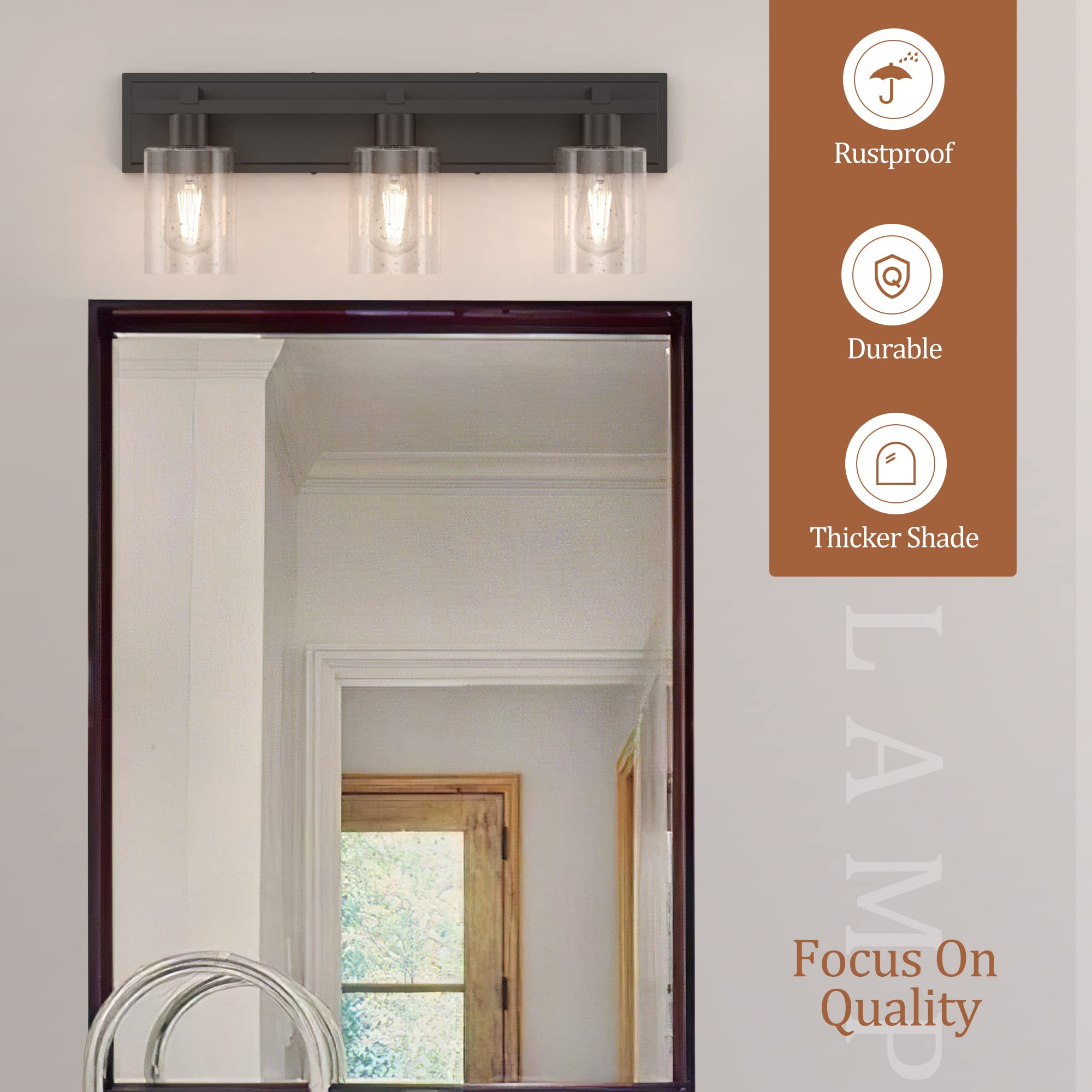 Espird Bathroom Vanity Light,3 Light Matte Black Light Fixture With Thickened Seeded Glass Shade, 24 Inch Modern Wall Sconce,Van