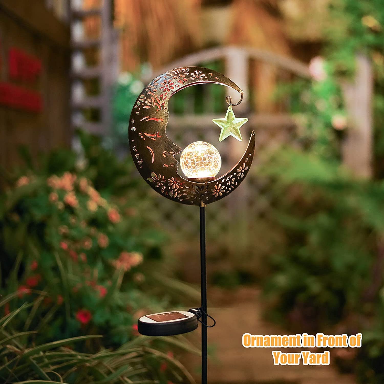 Hapjoy Solar Moon Lantern, Waterproof Crackle Glass Globe Stake Light, Bronze Outdoor Decor