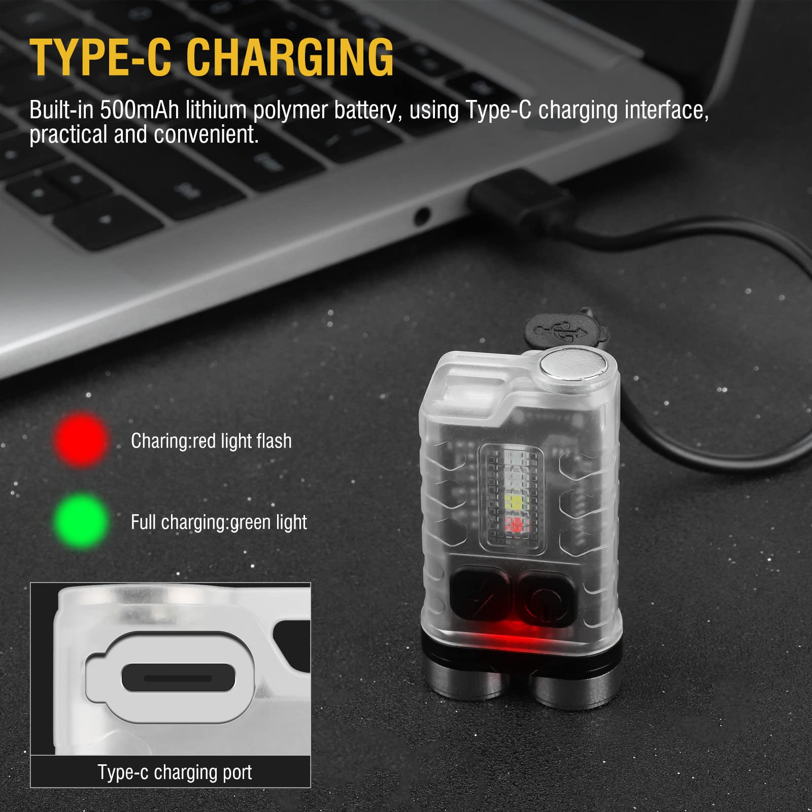 BORUIT V3 Mini Keychain Flashlight, 900LM, USB-C Rechargeable, IP65 Waterproof, Stainless Steel, 15*31*56MM, Transparent