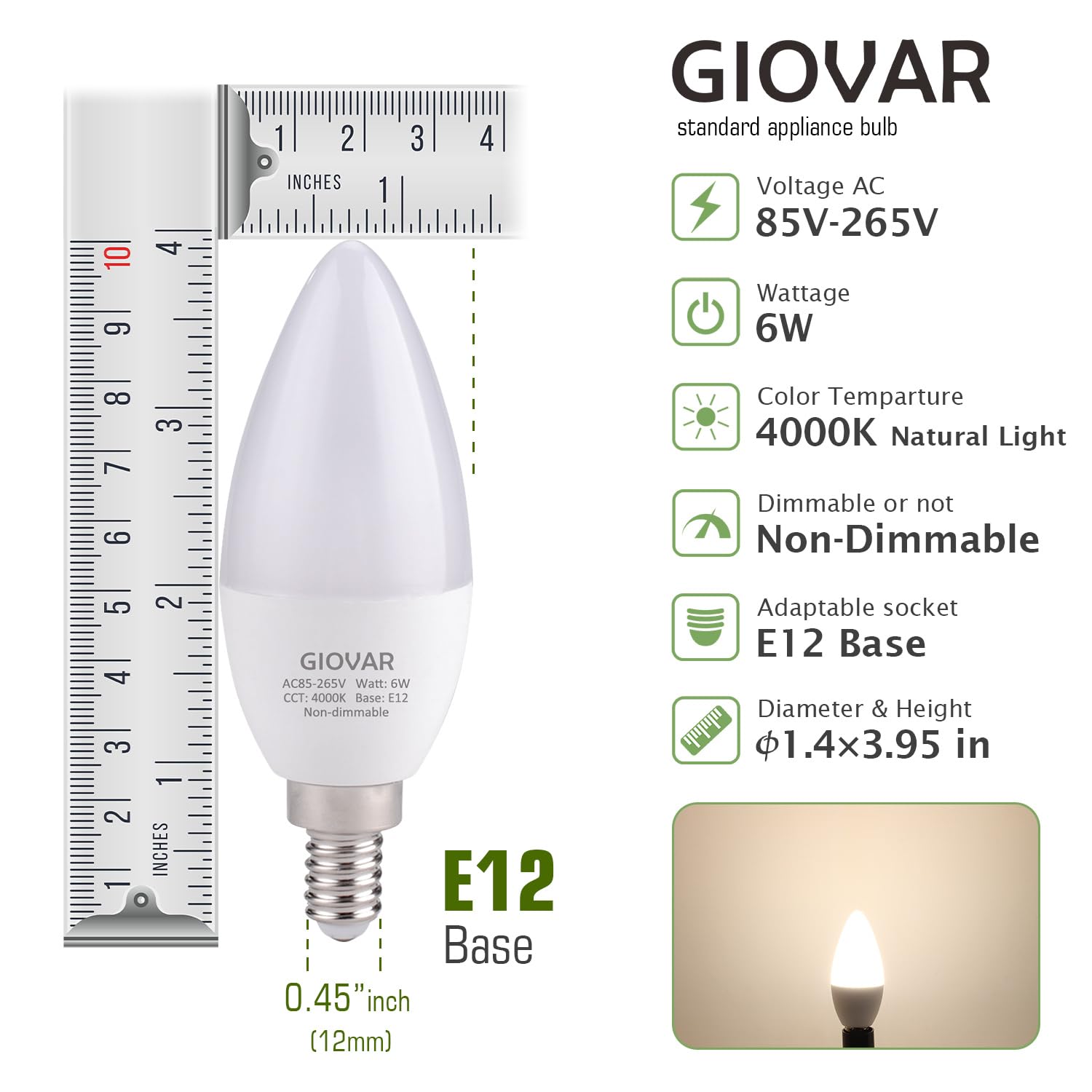 Giovar Led Candelabra Light Bulb 60 Watt Equivalent  4000K Natural White  Light Bulbs For Chandelier  E12 Small Base  120V  B10  Non-Dimmable  Pack Of 4