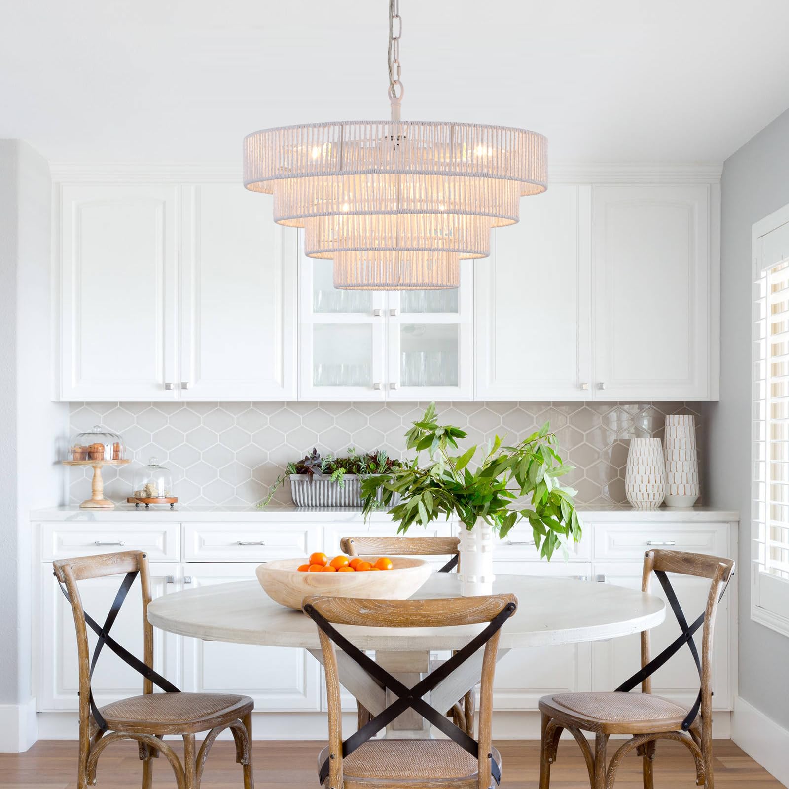 Elyccupa 6-Lights 20&quot; Hand-Woven Rattan Pendant Light Coastal 4 Round Transitional Minimalist Boho Large Pendant Light, For Kitchen Island Dining Room Living Room Hallway, White, Ul Listed