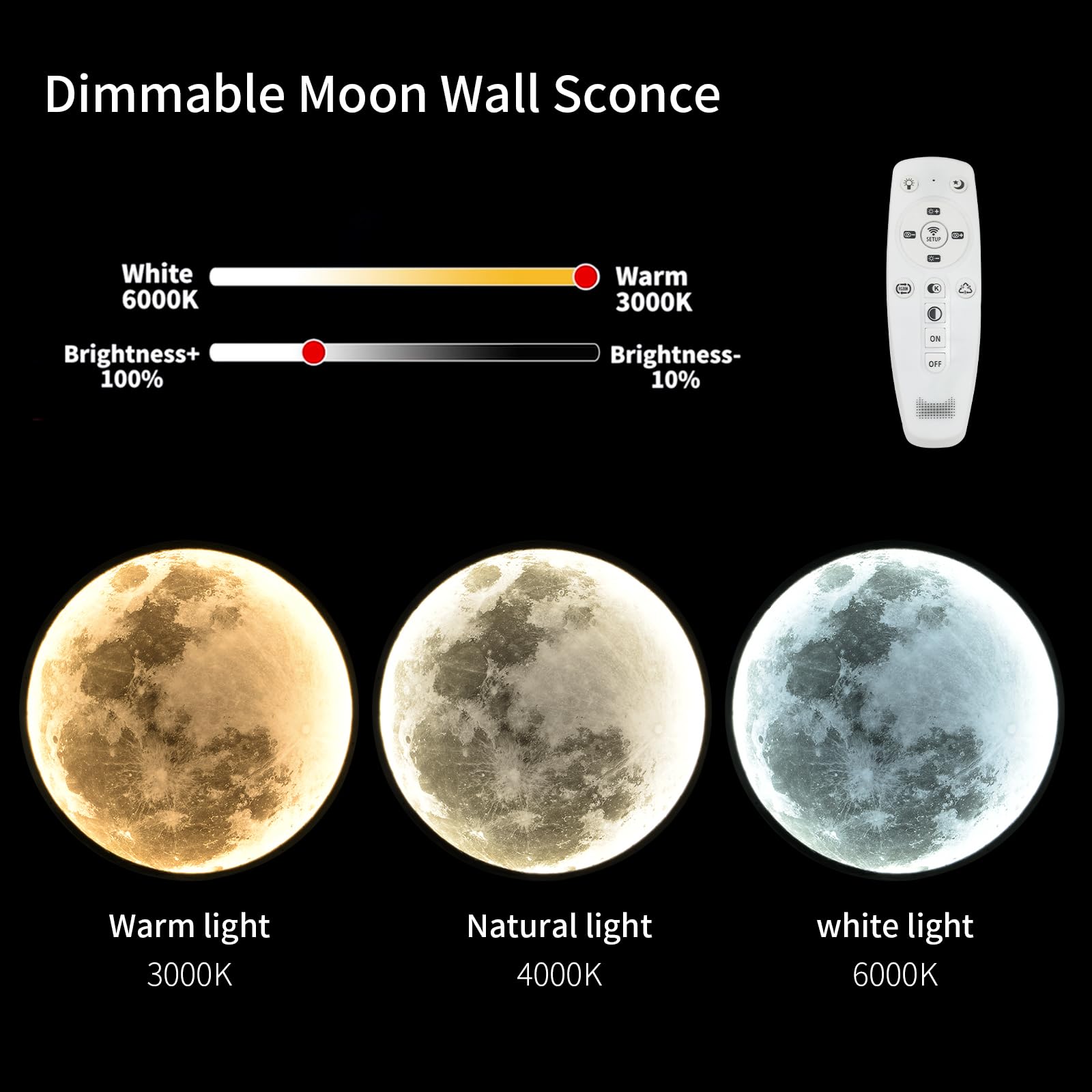 Skylumate Large Moon Wall Sconce - Dimmable LED Indoor Light 23.6" Black, Model 8002, Remote Control, Modern Design for Living Room & Bedroom