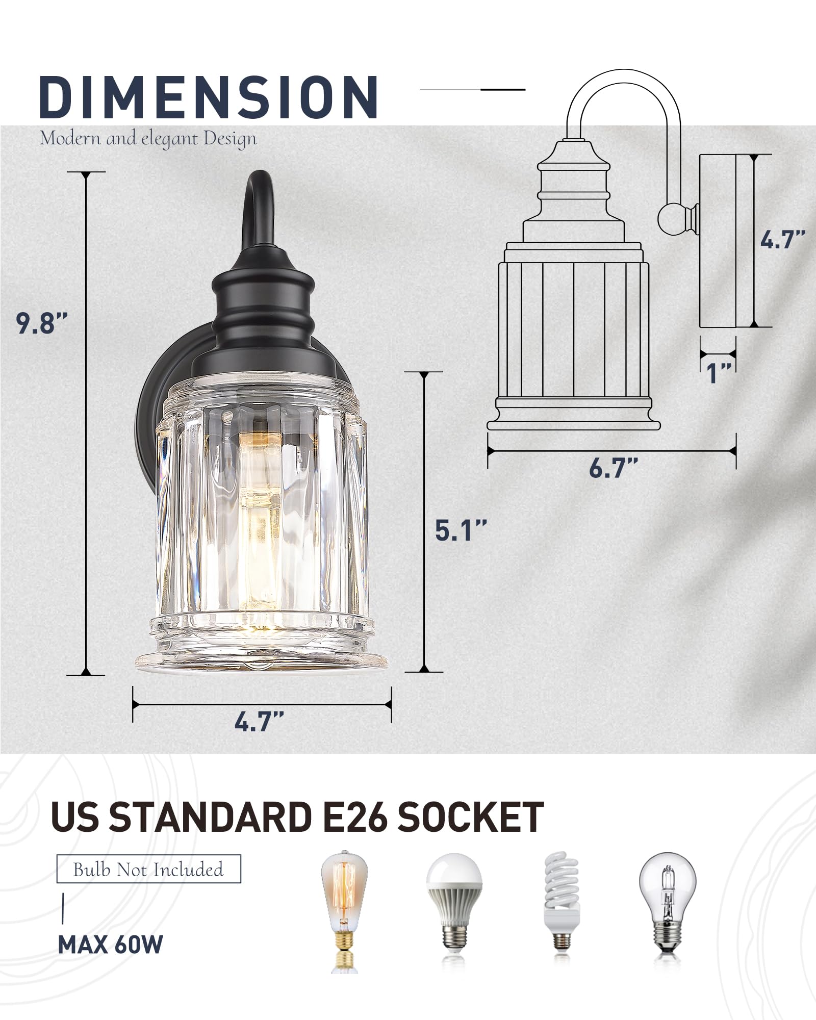 Black Wall Sconces  Hwh Rustic Industrial Wall Lamps  1-Light Sconces Wall Lighting With Bell-Shaped Clear Glass  Bathroom Vanity Light Fixture For Bedroom Living Room Kitchen  5Hzg106B Bk