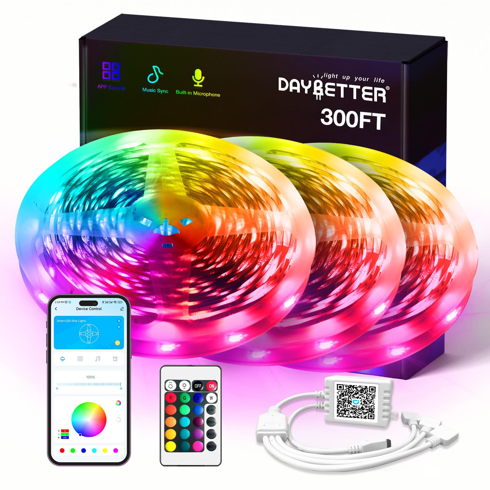 DAYBETTER Smart RGB LED Strip Lights, 300ft, App Control, Multicolor, Model TCF0233124G-JA01