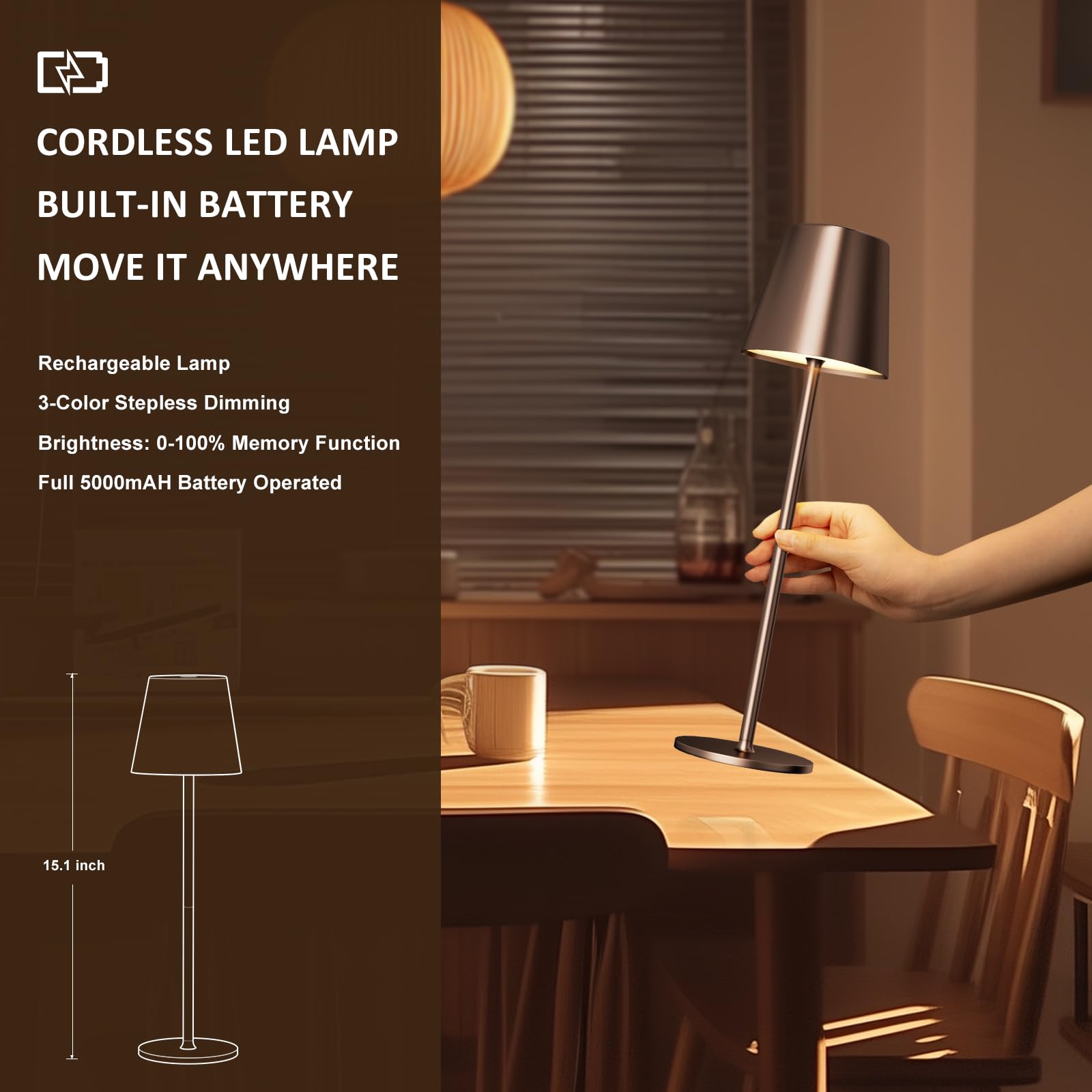Kakanuo Cordless Table Lamps Set of 2 - Portable LED, Wireless Rechargeable, 3 Color Stepless, Brown, Ideal for Restaurant, Bar, Party, Camping