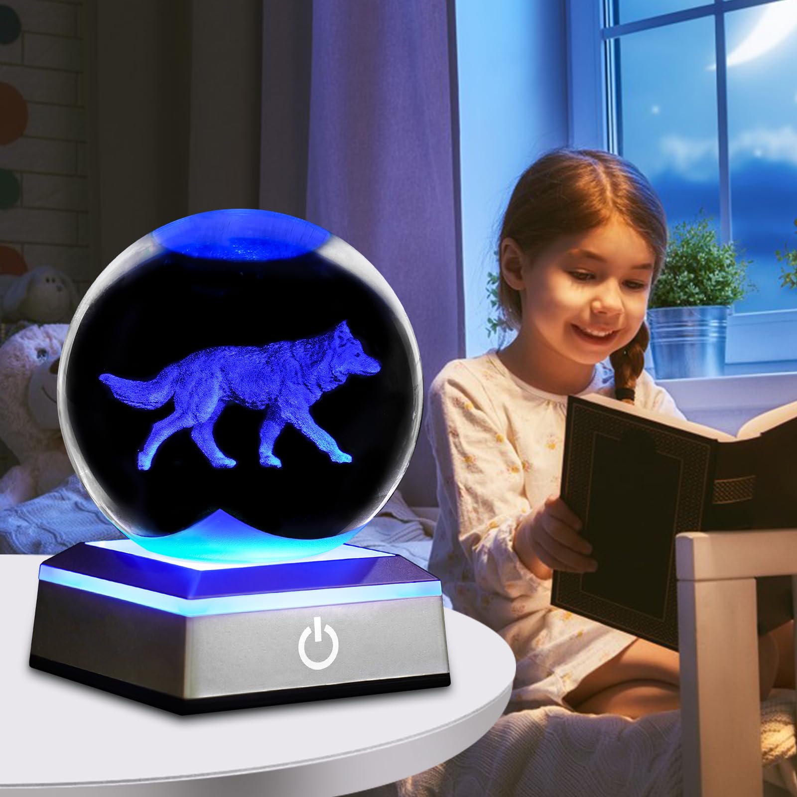 3D Wolf Crystal Ball Night Light 3.15 Inch Glass Ball Table Lamp With Color Changing Touch Base Decor Ideal Wolf Statue Decor Gi