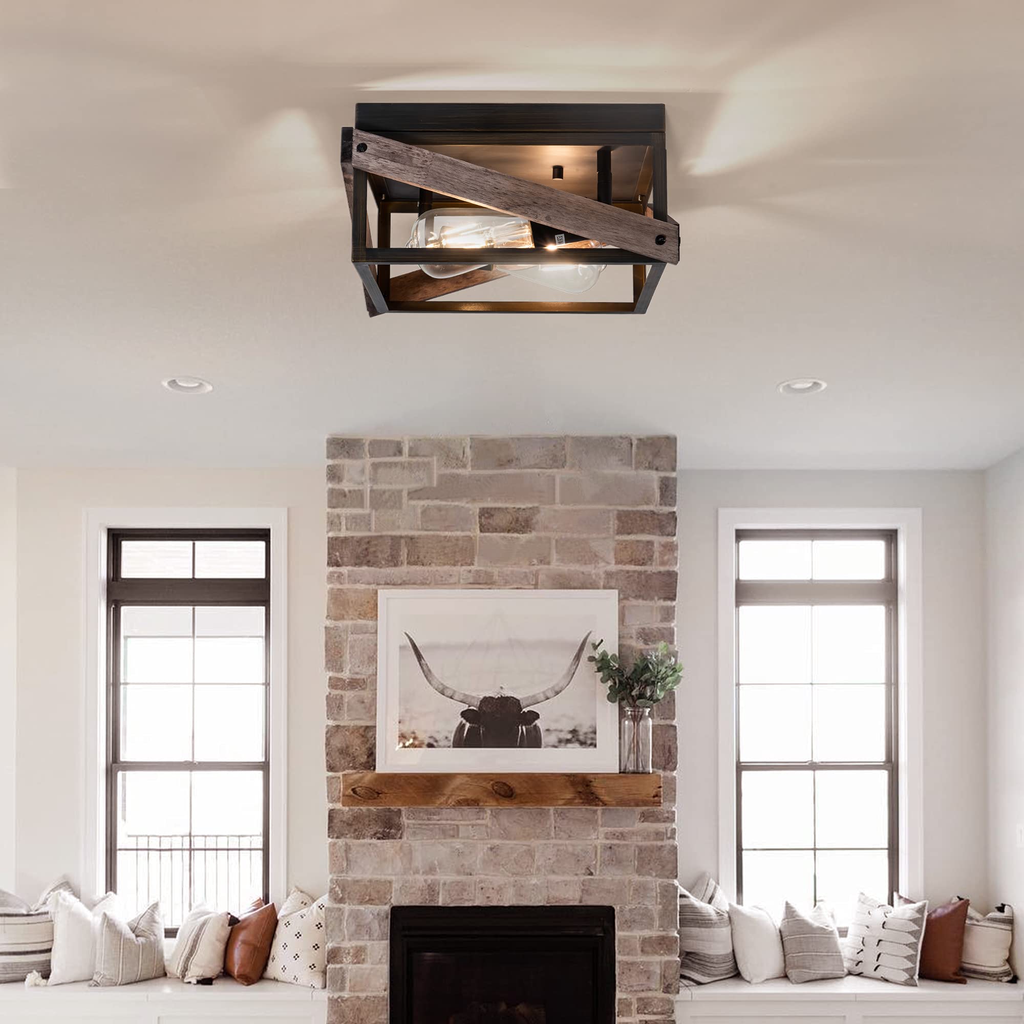 Mayful 2-Light Flush Mount Ceiling Light, Rustic Brown Metal & Wood Fixture for Kitchen, Living Room, Bedroom, Entryway, Hallway