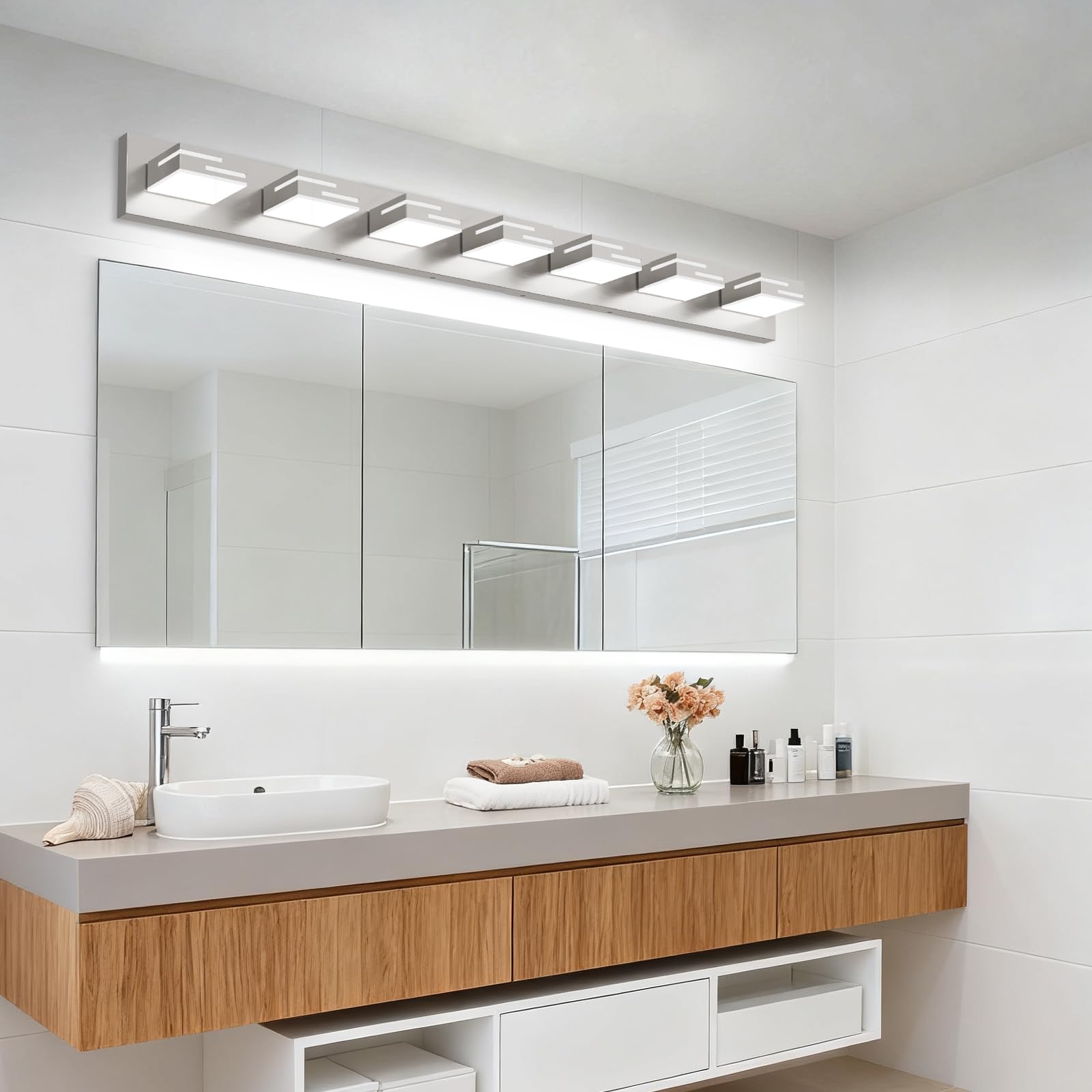 Lkhf Led Modern Bathroom Vanity Light Fixtures  7-Light 48-Inch Dimmable Brushed Nickel Vanity Lights For Bathroom Lighting Fixtures Over Mirror  With 350?Rotatable Acrylic Heads (Cool White 6000K)