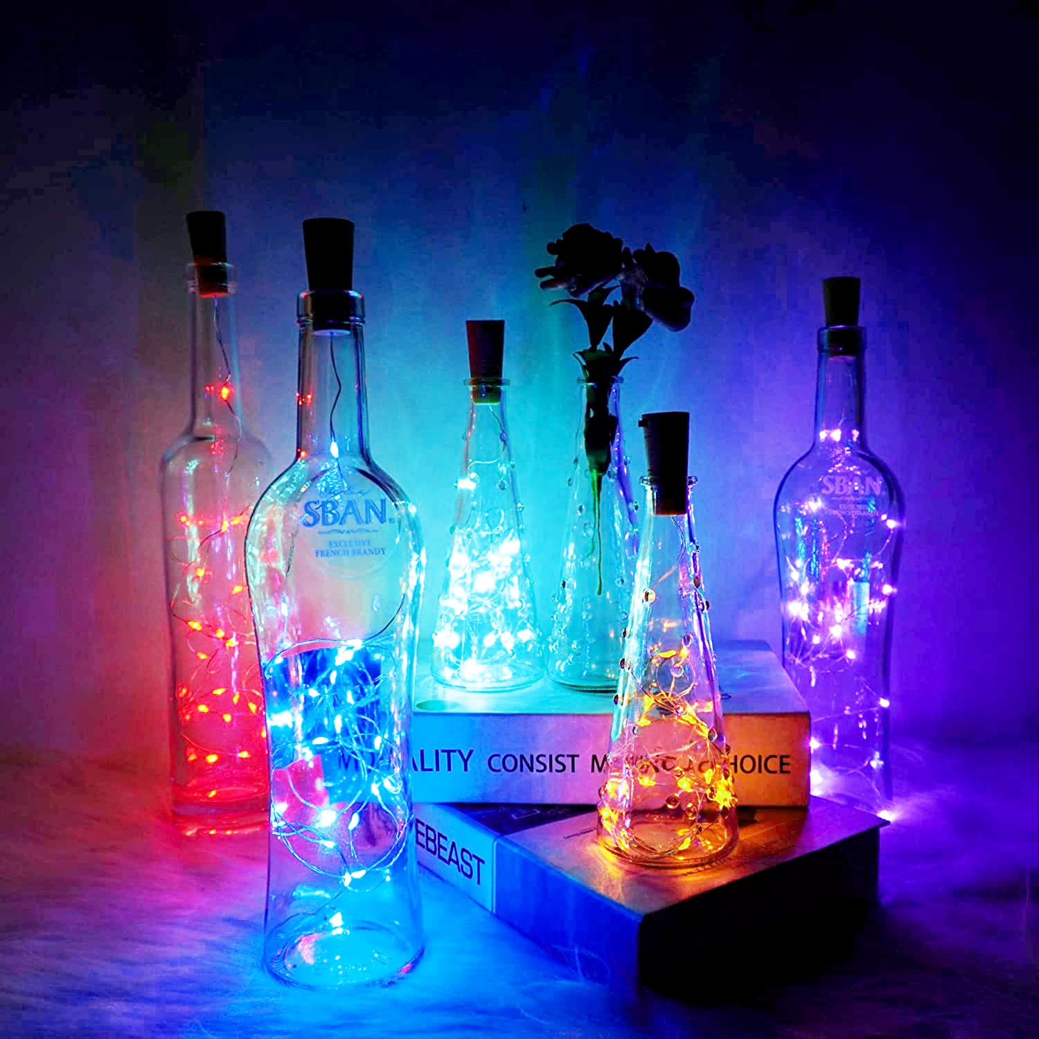 SmilingTown Wine Bottle Cork Lights 15-Pack, 10 LED, 40 Inches, Battery Operated, Copper Wire, Multi-Color (Blue, Yellow, Purple, Green, Red)