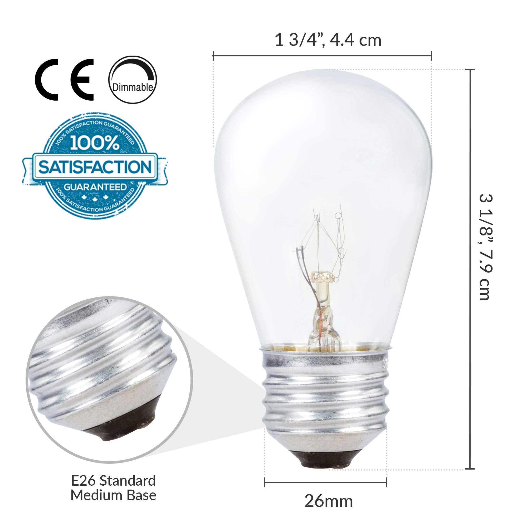 Simba Lighting String Light Outdoor S14 Replacement Bulb 11W E26 Medium Screw Base For Decorating Patio, Caf  , Pergola, Porch,