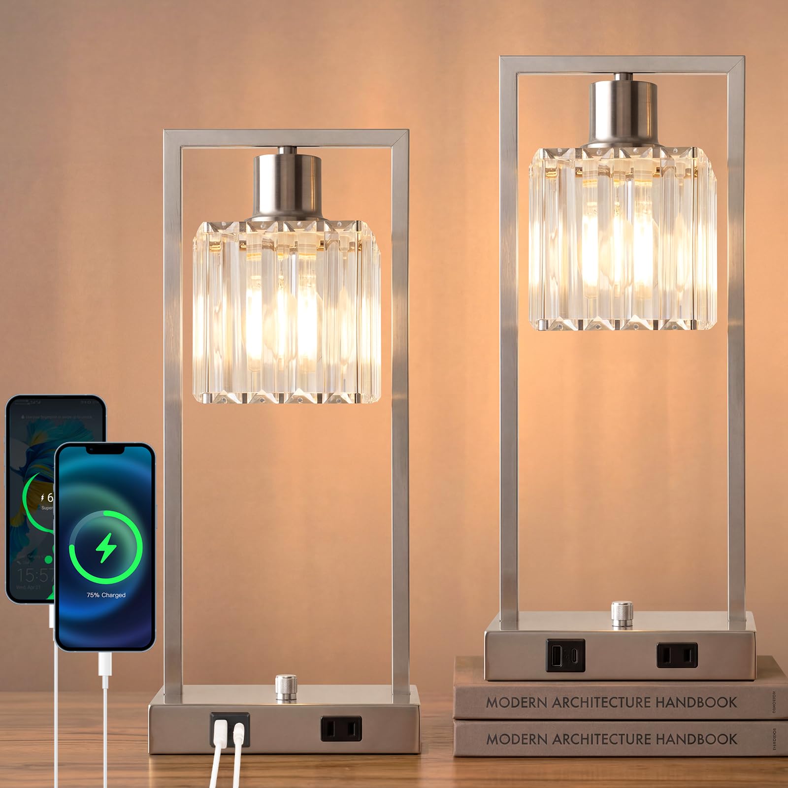 16 Desk Lamps for Home Office, Bedside Lamps with USB C+A Ports and Outlet, Nickel Fully Stepless Dimmable Industrial Table Lamp