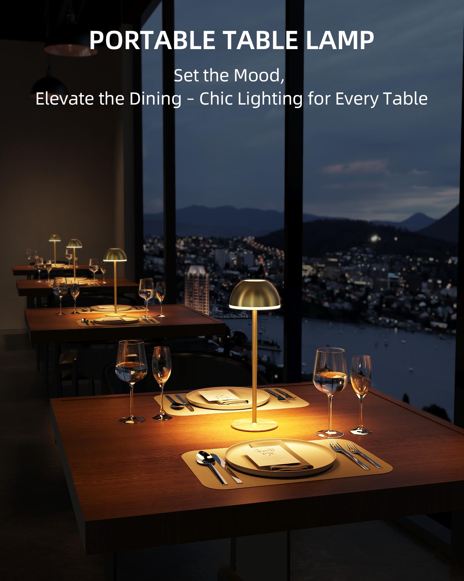 EZVALO Cordless Table Lamp, LED, Touch Control, Stepless Dimming, 2 Pack, Gold, Model TL02