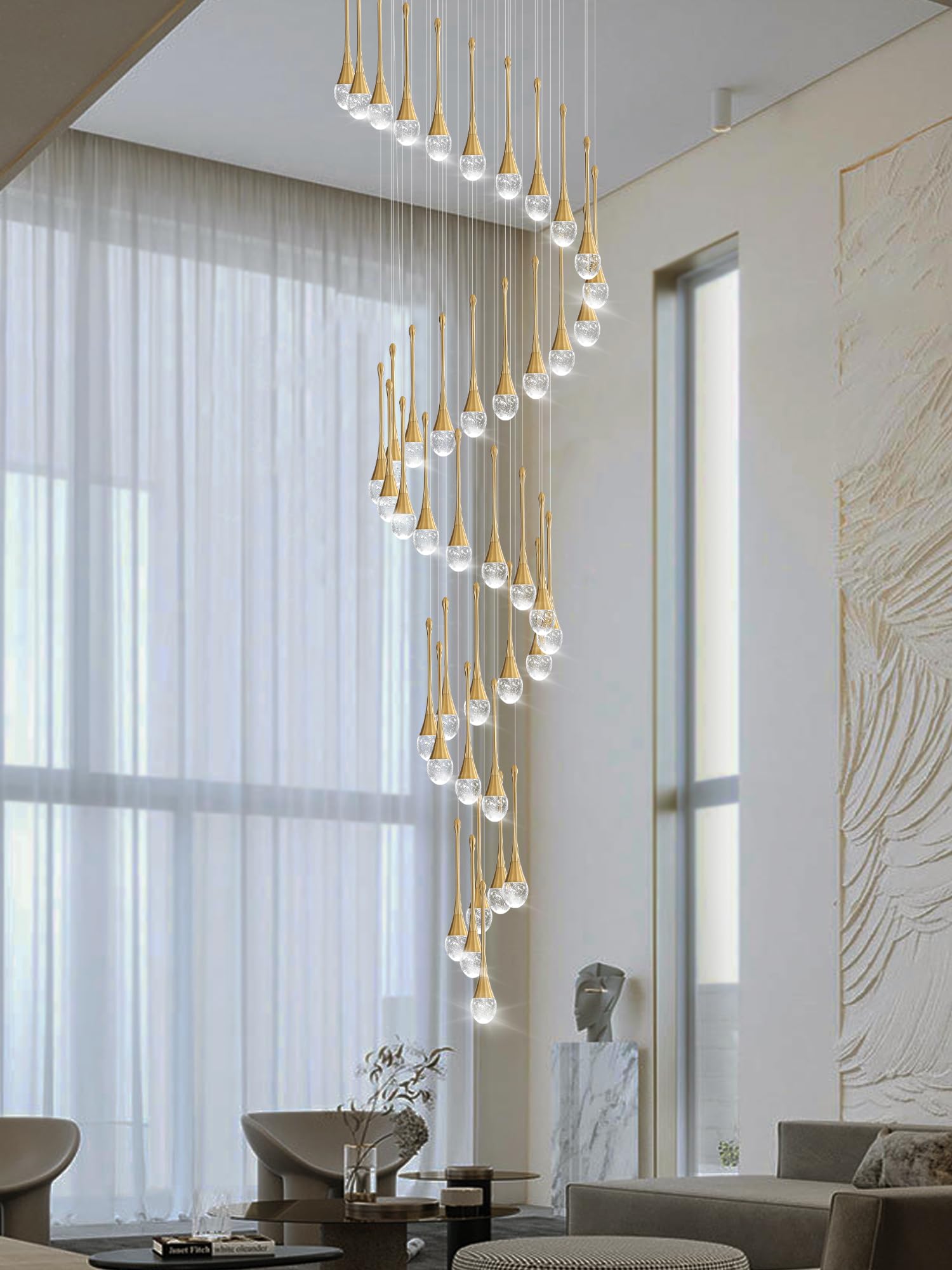 ykolupty H197 Foyer Chandelier - 42-Lights Dimmable Crystal Pendant Lighting, Gold Finish for High Ceiling Living Room & Staircase