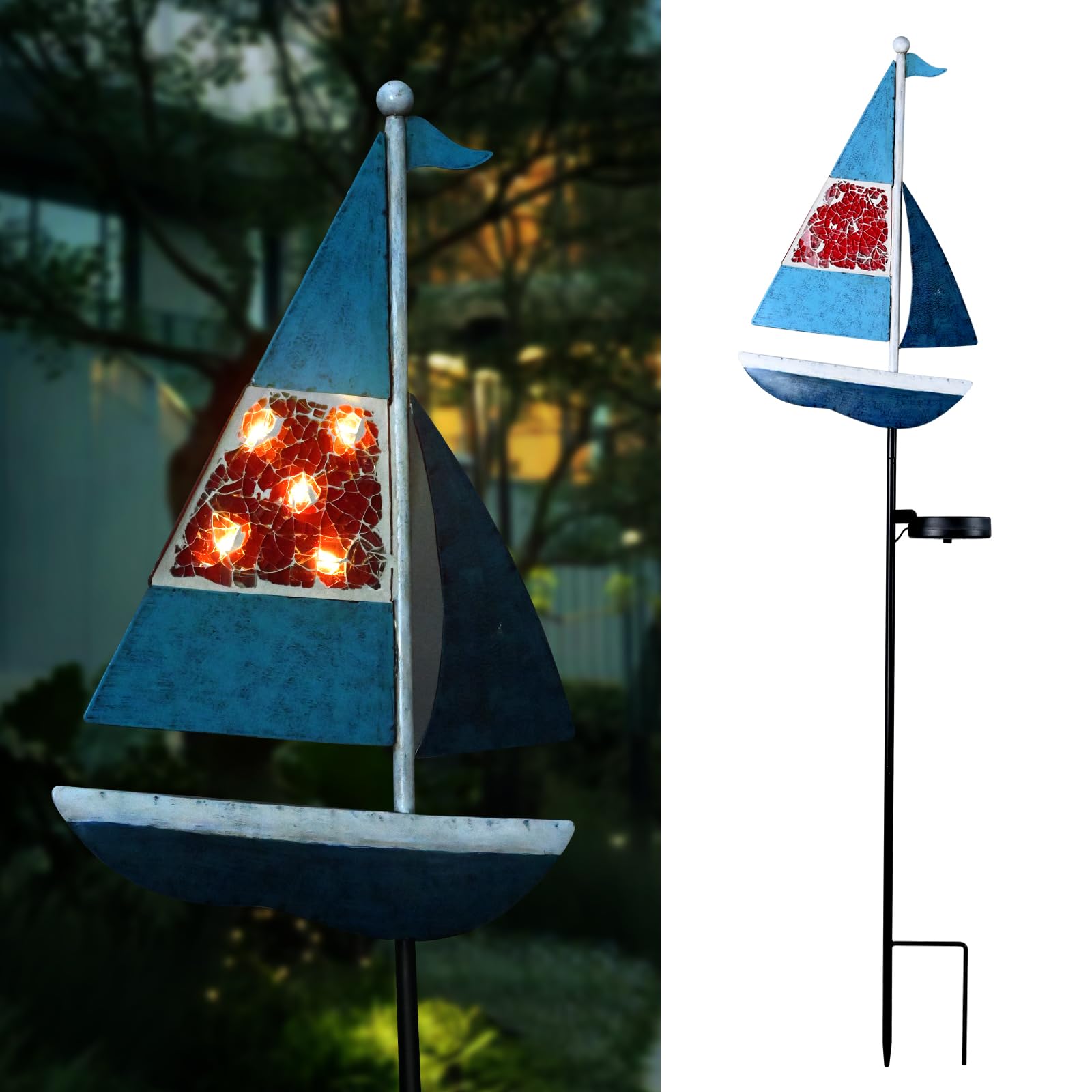 Yiosax Solar Garden Lights Sailboat Stake Decor-Yard Outdoor Statue Decorations Waterproof 5 Led Metal Landscape Lighting Flower Bed,Pond,Yard,Lawn Gift For Mom Grandma Women