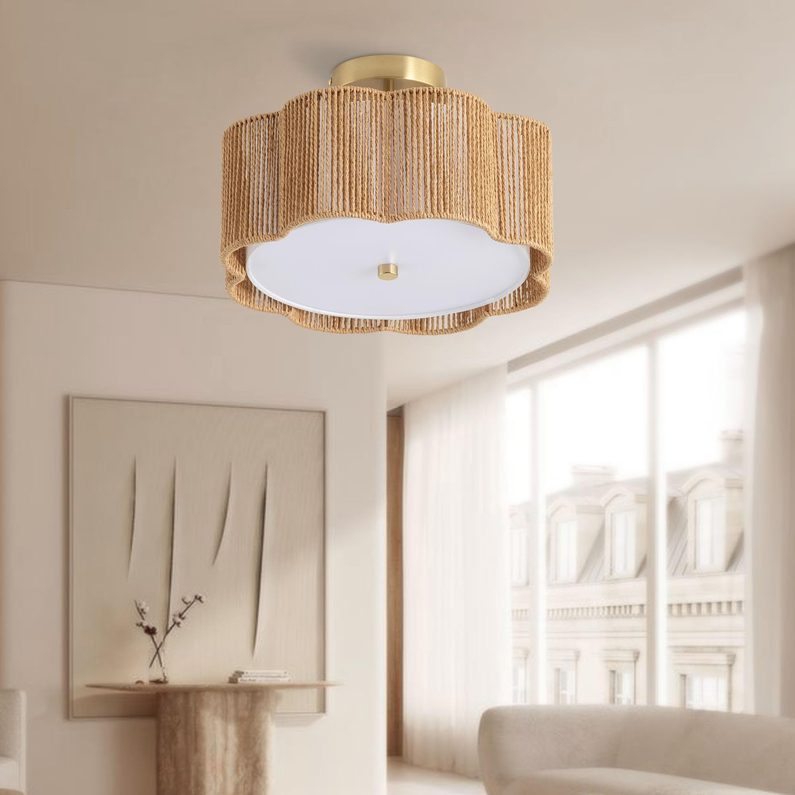Giutna Rattan Ceiling Light Fixture, 3-Light Flush Mount, Modern Design, 13.4" Yellow Chandelier for Bedroom, Hallway, Kitchen