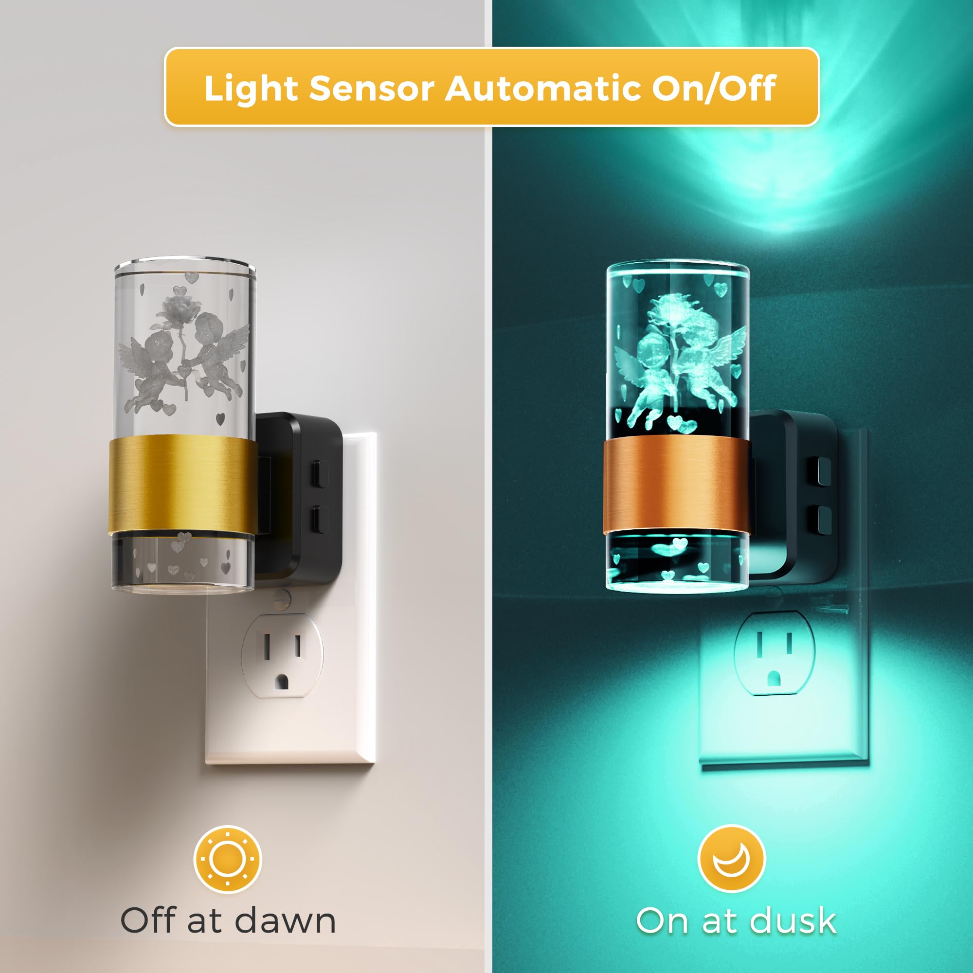 L LOHAS LED Night Lights - 2 Pack Dusk to Dawn, 9 Color Changing, Adjustable Brightness, Gold Ring-Angel RGB, Model A-GY19709CPUS-2