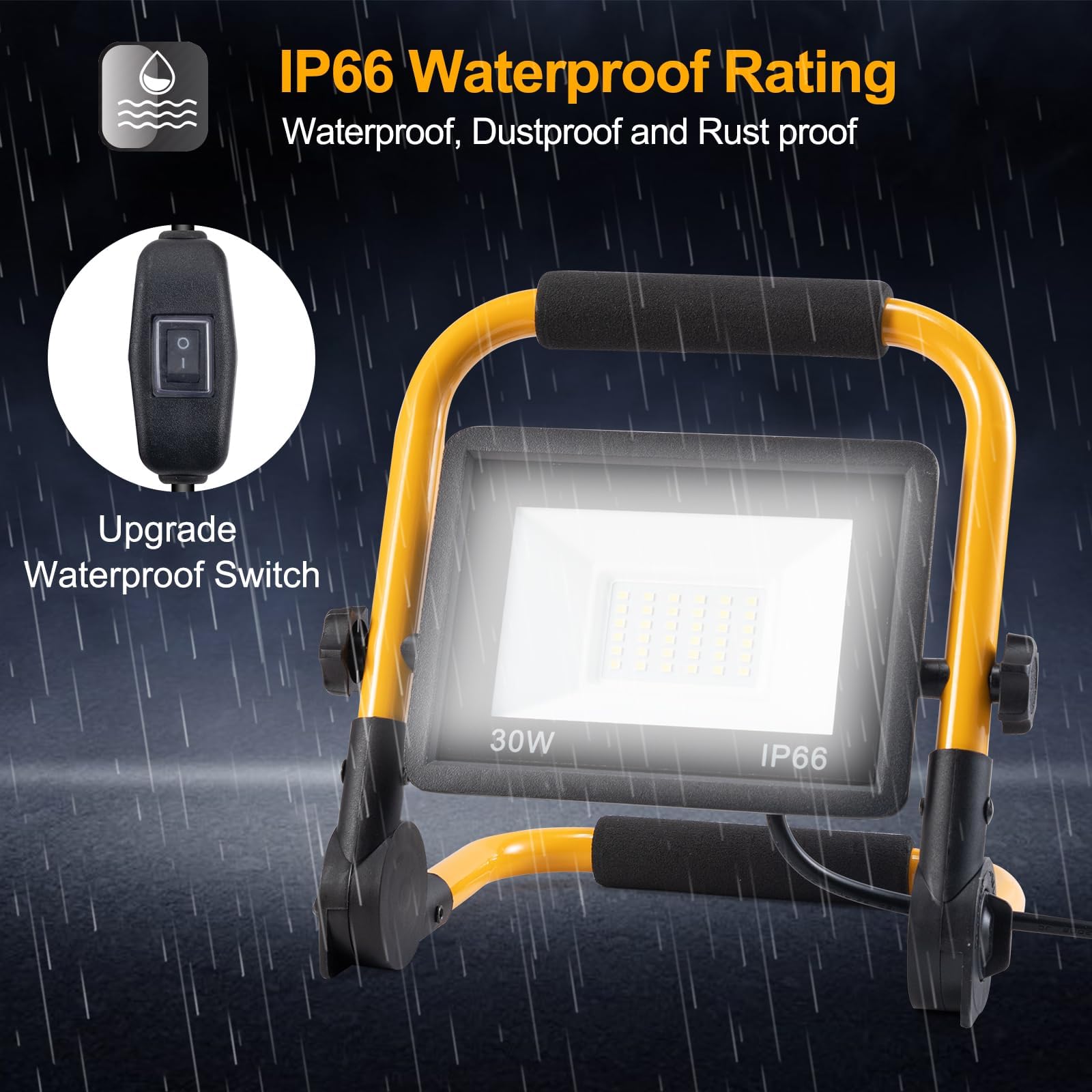 ORHOMELIFE LED Work Light 30W 3000LM 6000K IP66 Waterproof 13.1ft Cord Model SD054 Golden
