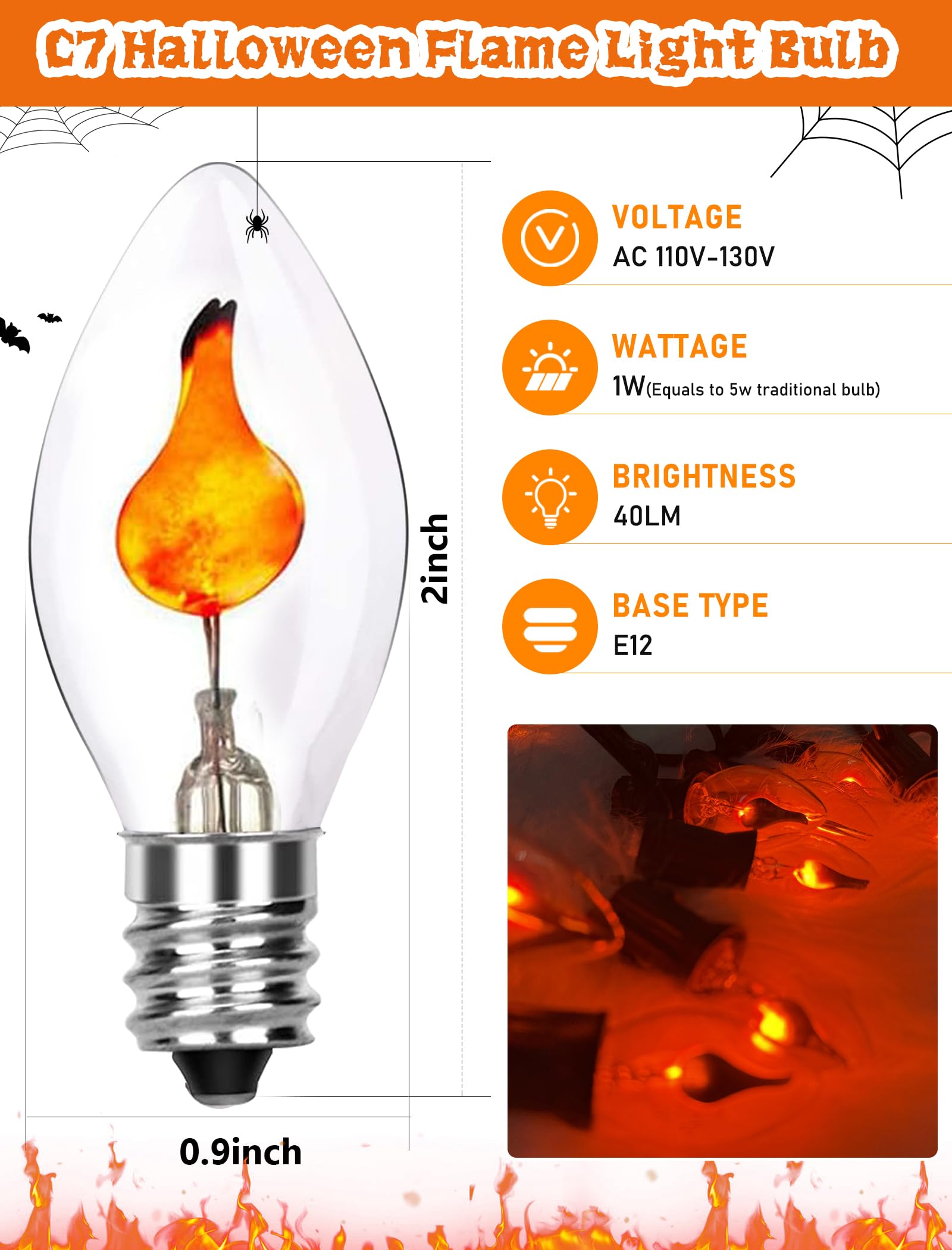 Xingzd 25 Pack Christmas Flickering Flame Light Bulbs Replacement  C7 1W Clear Flicker Flame Candle Bulbs  E12 Candelabra Light Bulbs For Christmas Window Candles Chandelier Holiday Decor