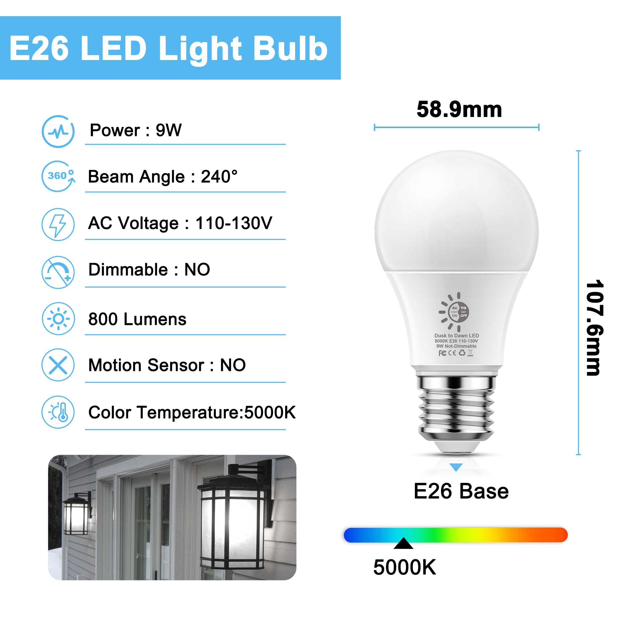 4 Pack Dusk To Dawn Light Bulbs Outdoor  9W(60W Equivalent) 5000K Daylight Bulb  800Lm A19 E26 Automatic On/Off Led Light Bulbs  Dusk To Dawn Led Sensor Photocell Lighting For Porch Garage Patio