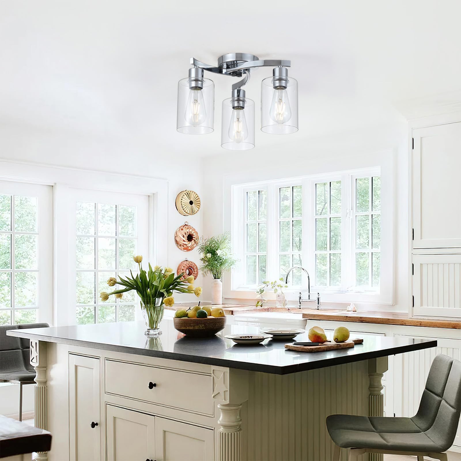 3Wwwuee 3-Light Semi Flush Mount Ceiling Light, Modern Close To Ceiling Light Fixtures With Clear Glass Shades, Chrome Light Fix