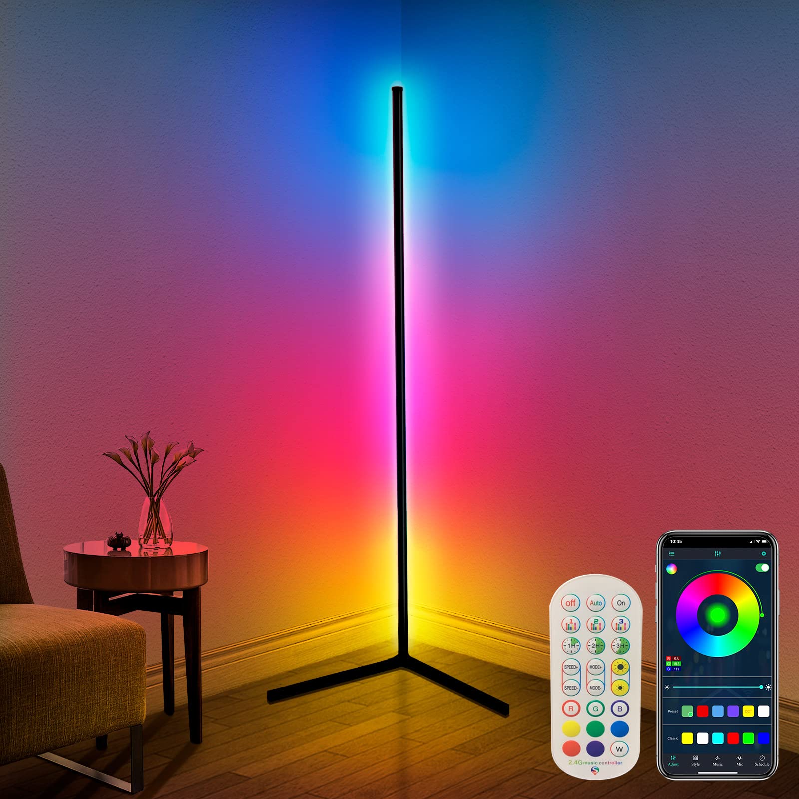 Corner Floor Lamp,65” Color Changing Led Floor Lamp With Music Sync,Modern Mood Lighting Corner Lamp With Remote & App Control, Creative Diy Mode & Timing,Rgb Floor Lamp For Living Room Gaming Room