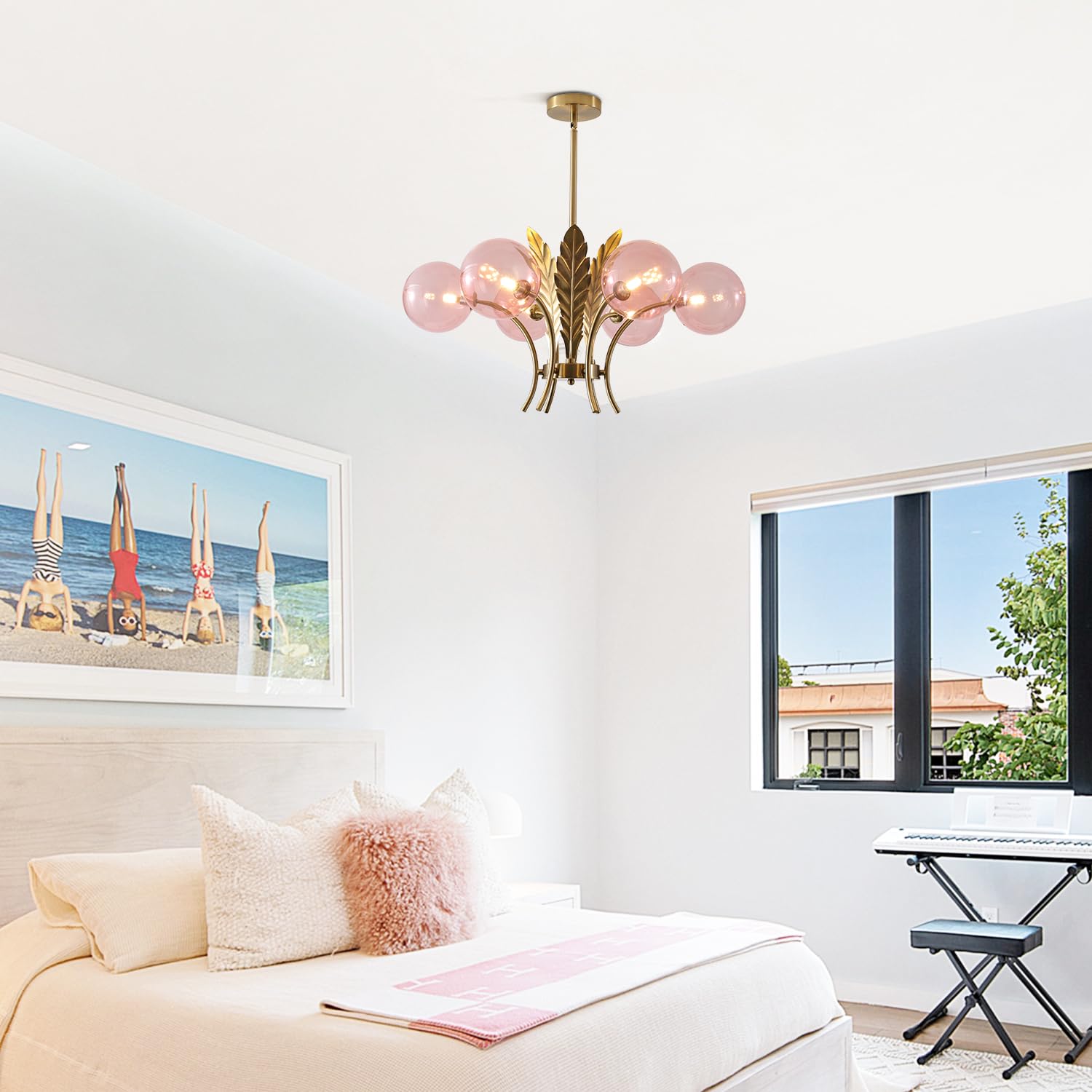 BOKT Modern Sputnik Chandelier 6-Light Pendant Fixture Pink Globe Lampshade BP1128-P for Dining Room, Living Room, Girls Room