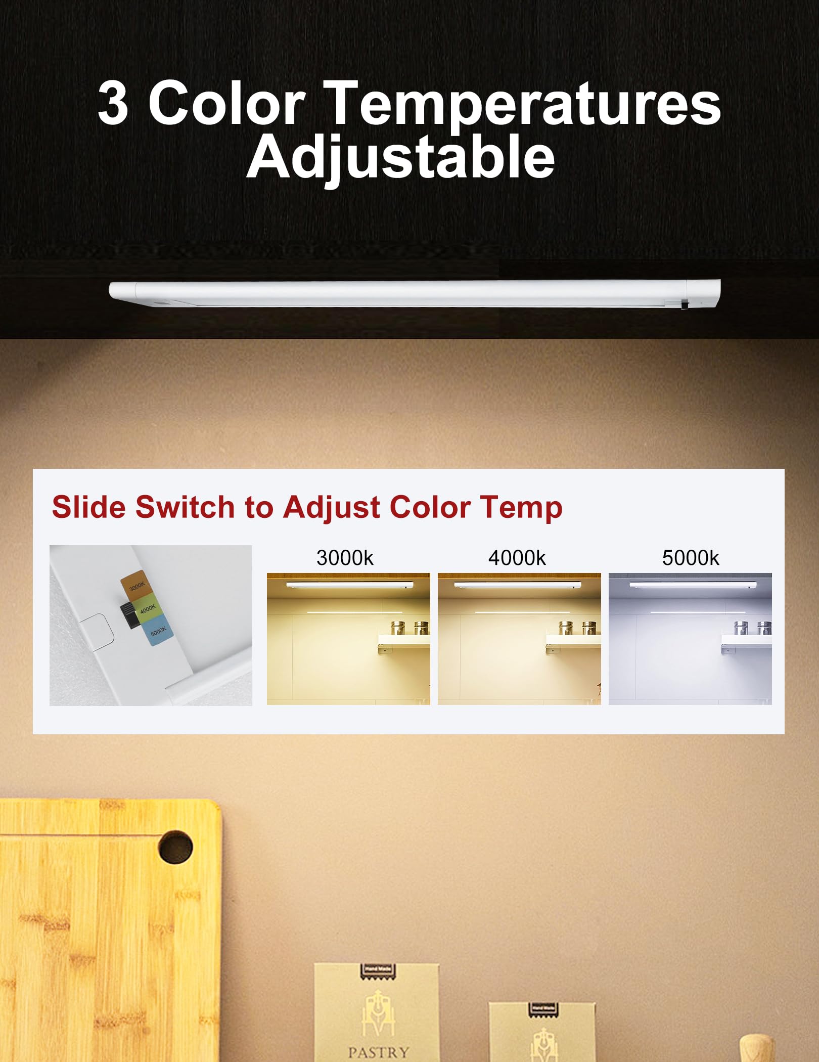 Under Cabinet Lights Plug In, 18 Inch Hand Wave Led Closet Light, 3 Color Temp 3000K/4000K/5000K Dimmable Under Counter Light, U