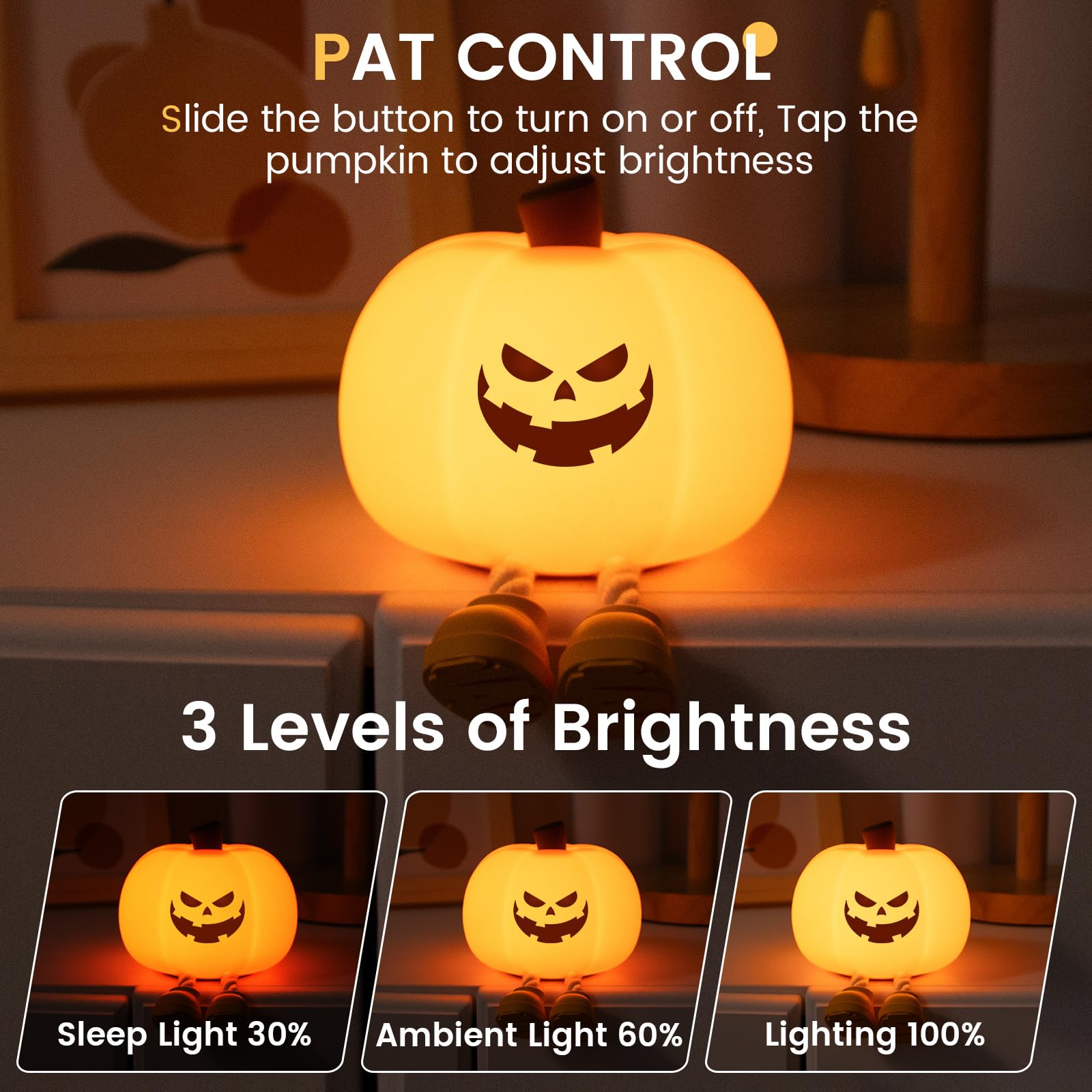 YR YRHH-PET LED Evil Smile Pumpkin Night Light, Dimmable Touch Lamp, Rechargeable, Model K-1165, Cute Halloween Decor