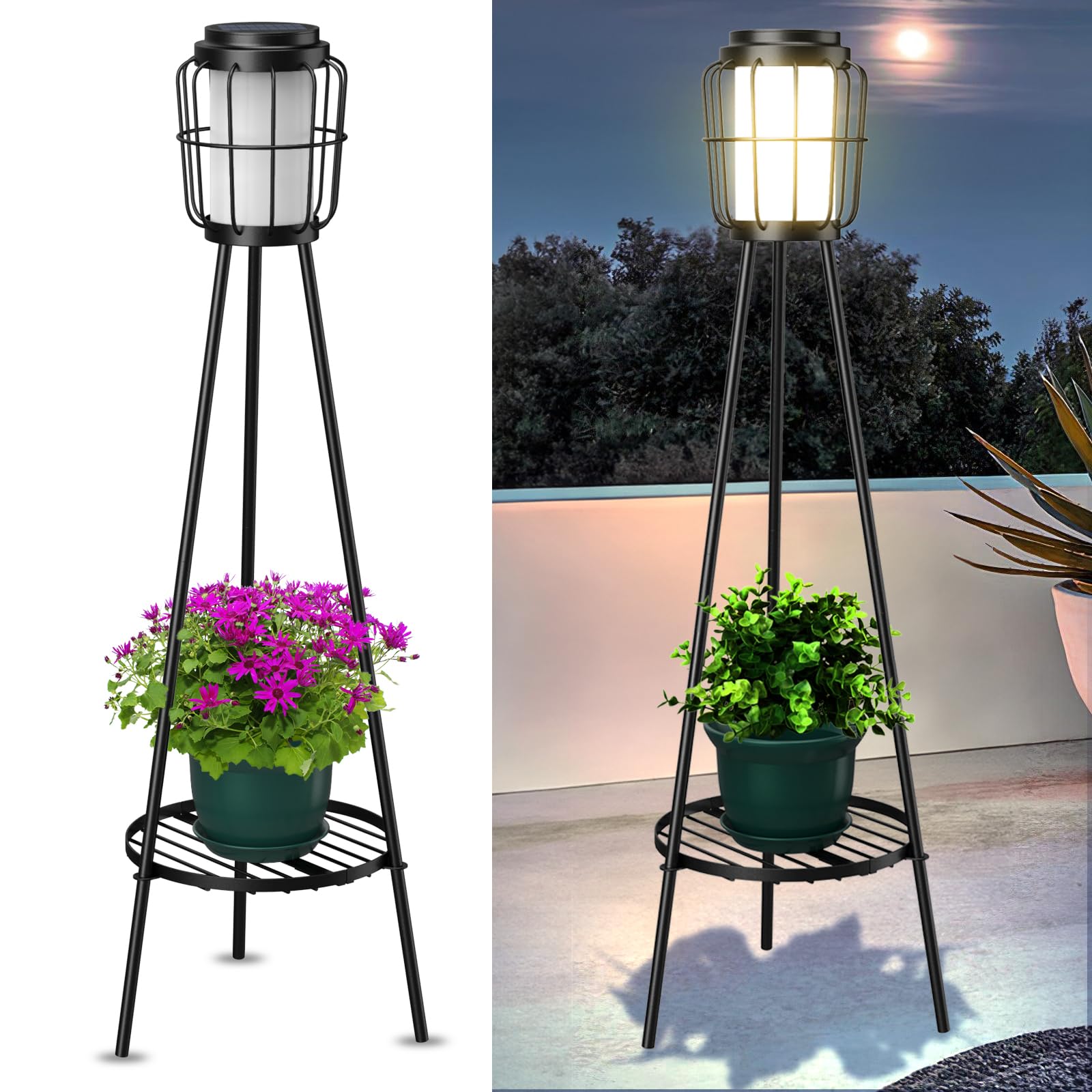 2 Pack Solar Lights Outdoor with Plant Stands - Solar Floor Lamp & Street Lights with Metal Tripod - Patio Decor for Garden, Yar