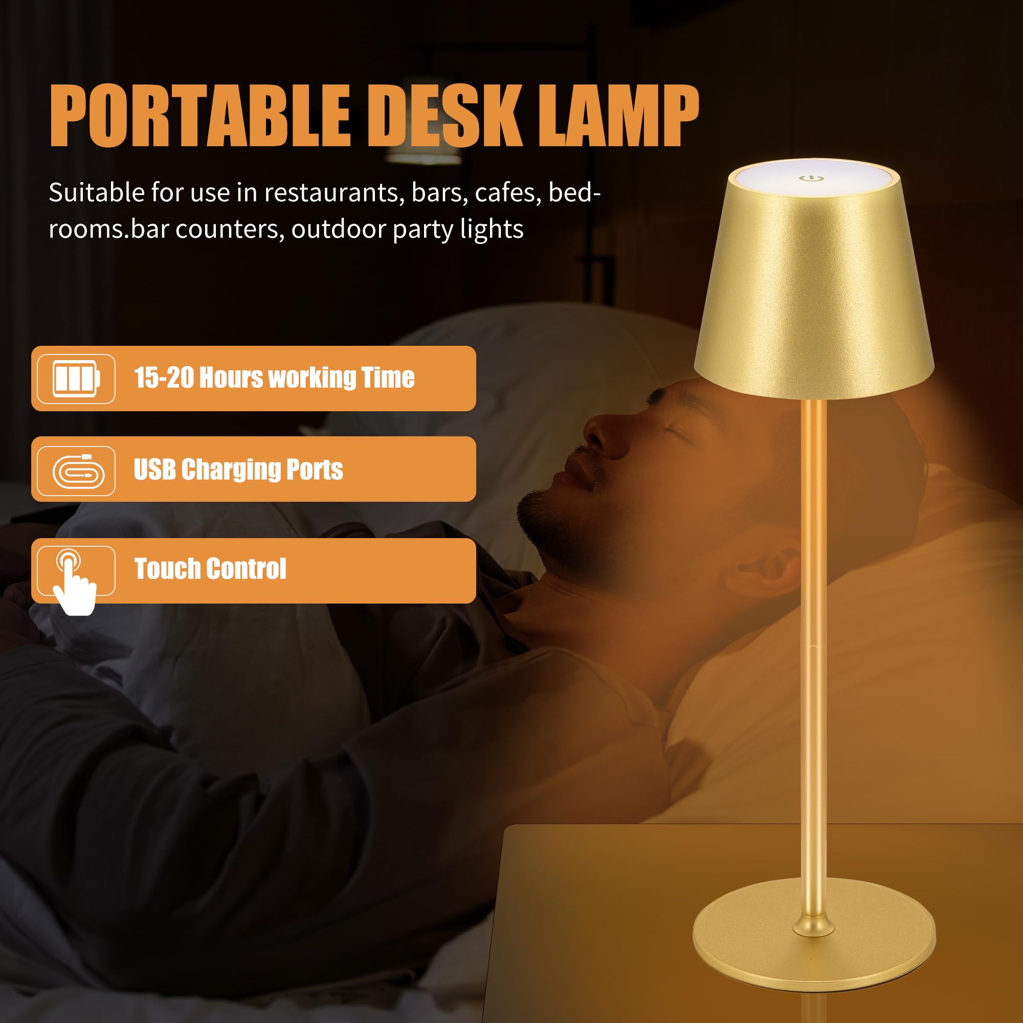 IMQSQIK Cordless Table Lamps USB Rechargeable LED Touch Control 2Pcs Gold