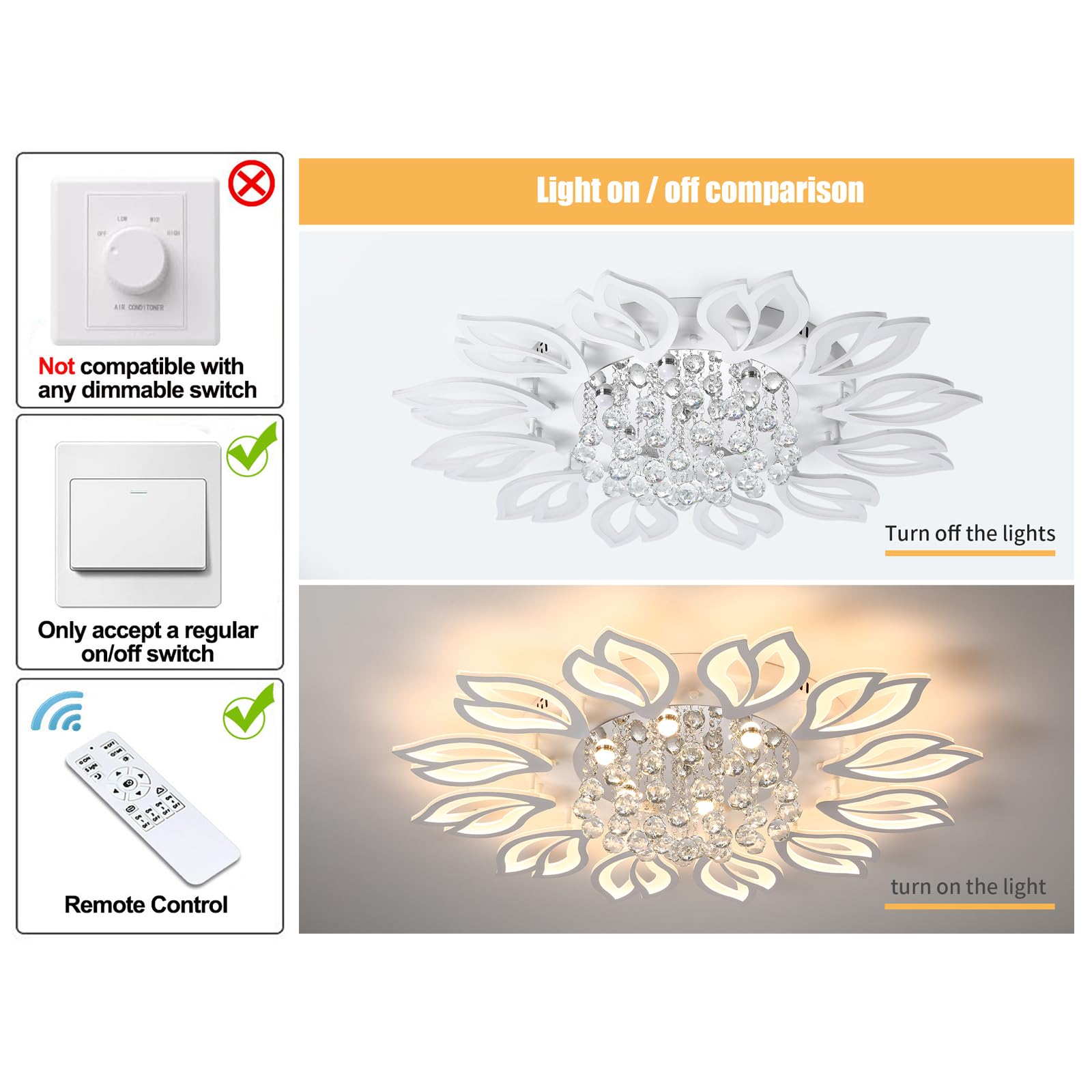 Garwarm Modern Ceiling Light 40.7 In Dining Room Light Fixture 12 Petals Flower Flush Mount Ceiling Lights Chandelier Bedroom Living Room Kitchen Office Lighting Fixture 100W White