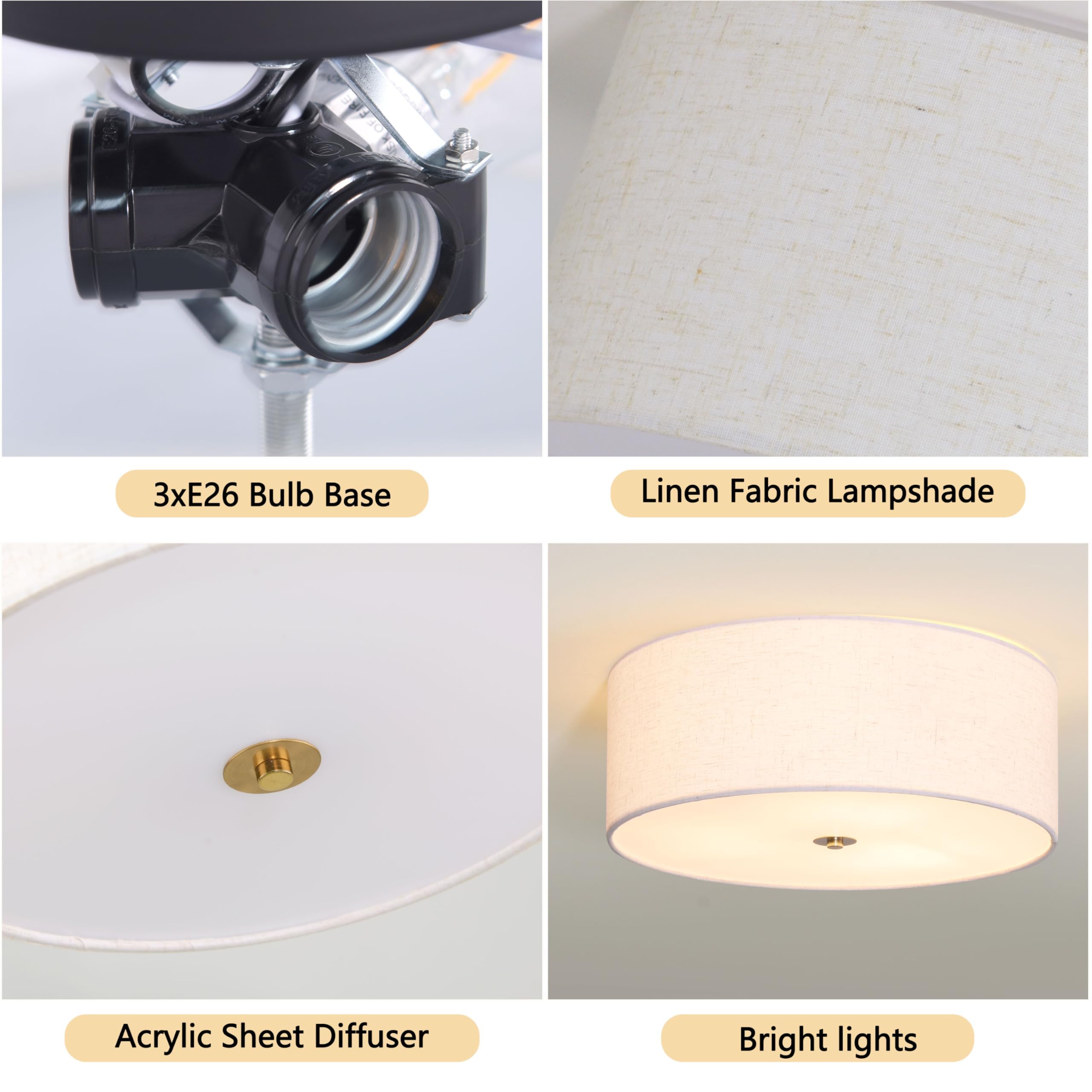 15.7 Inch Flush Mount Ceiling Light Fixture 3-Light Drum Modern Gold Ceiling Light Fixture Dimmable Close To Ceiling Light Fixtu